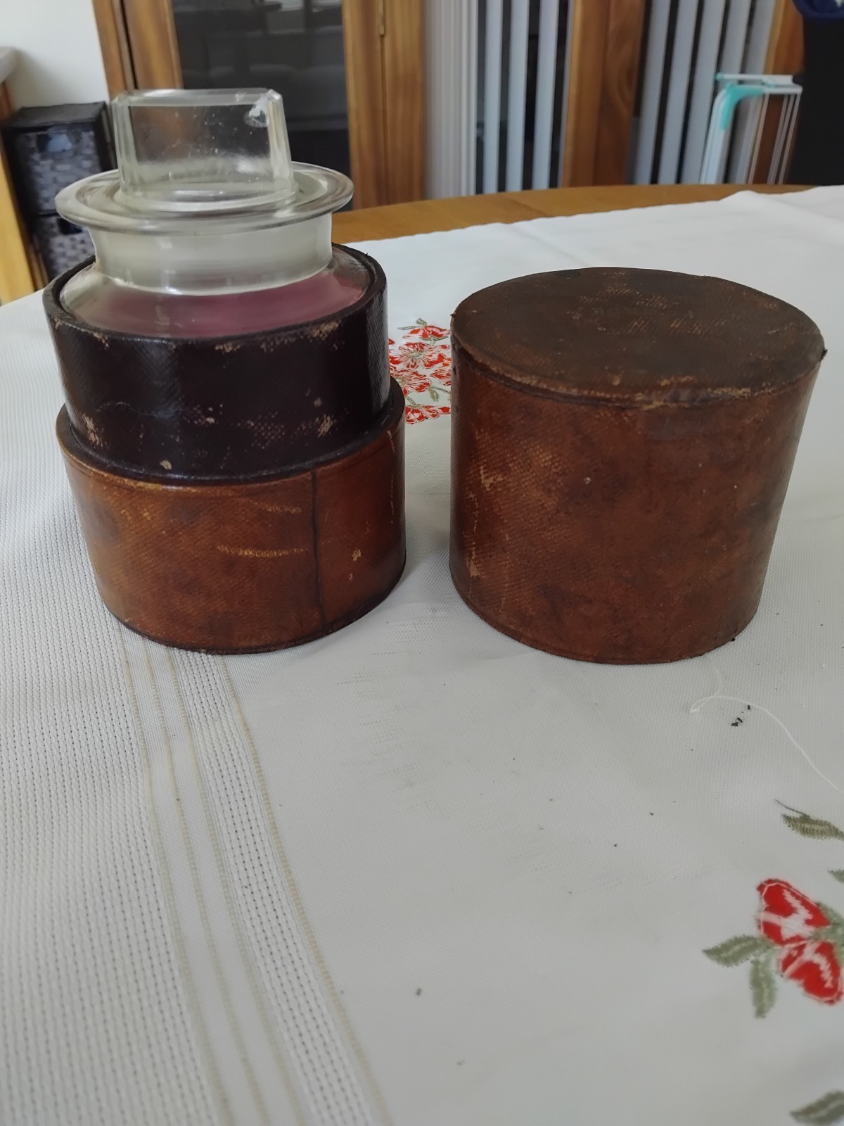 Antique Victorian Glass POMADE Jar in Original Leather Holder