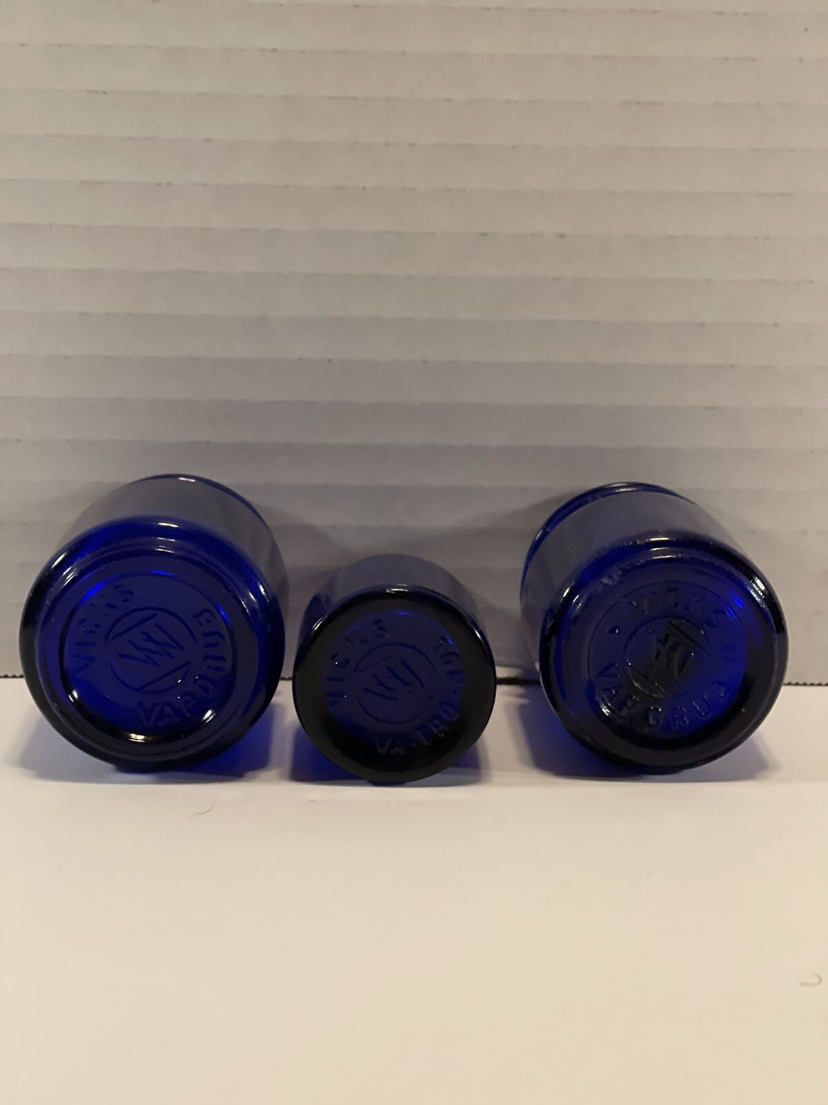 Set of Three Small Vintage Cobalt Blue Vicks Vaporub Bottles