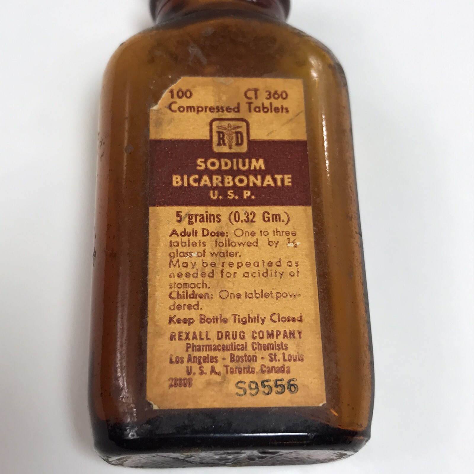 VINTAGE Rexall Pharmacy Amber Apothecary Bottle for Sodium Bicarbonate Metal Cap