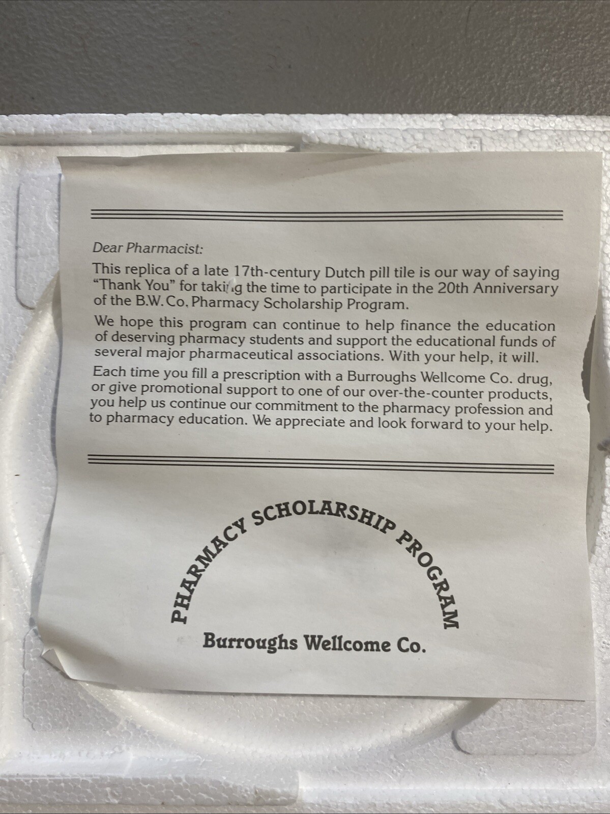 Burroughs Wellcome Co. Pharmacy Scholarship Program Delft Ceramic Tile