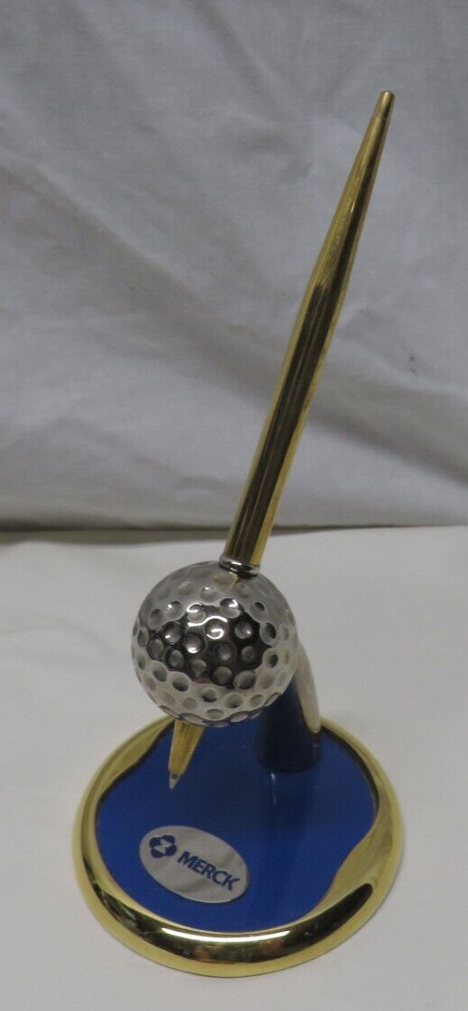 BALLPOINT PEN WITH GOLFBALL HOLDER BRASS OR GOLD-PLATED ~GIFT BY MERCK CO ~WORKS