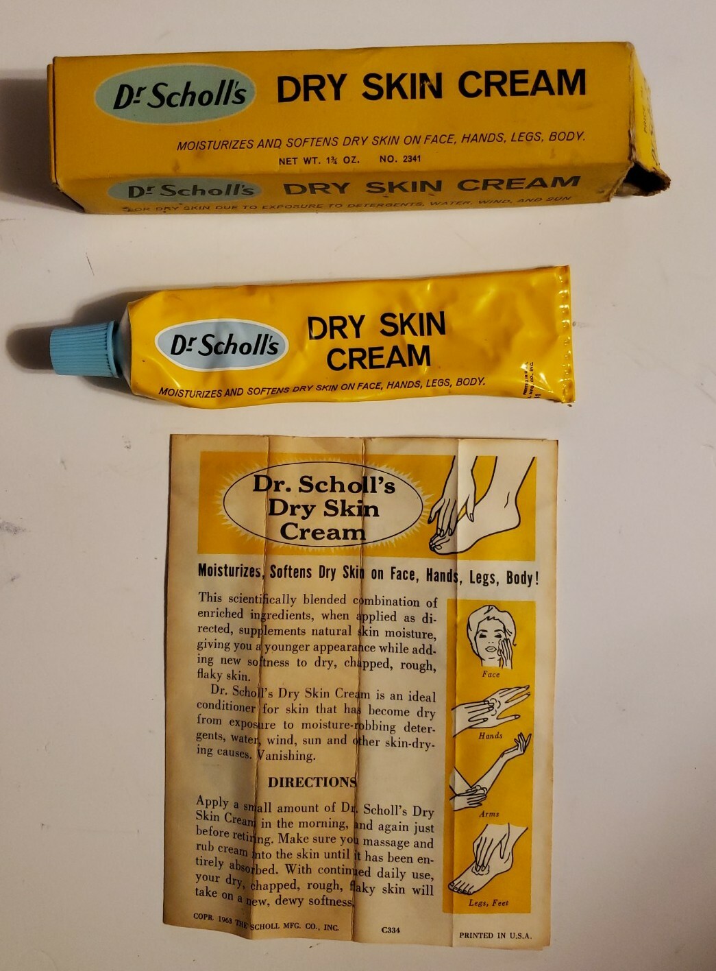 1963!! Dr. Scholls’s Dry Skin Cream Advertisement Box Vintage USA Retro Antique