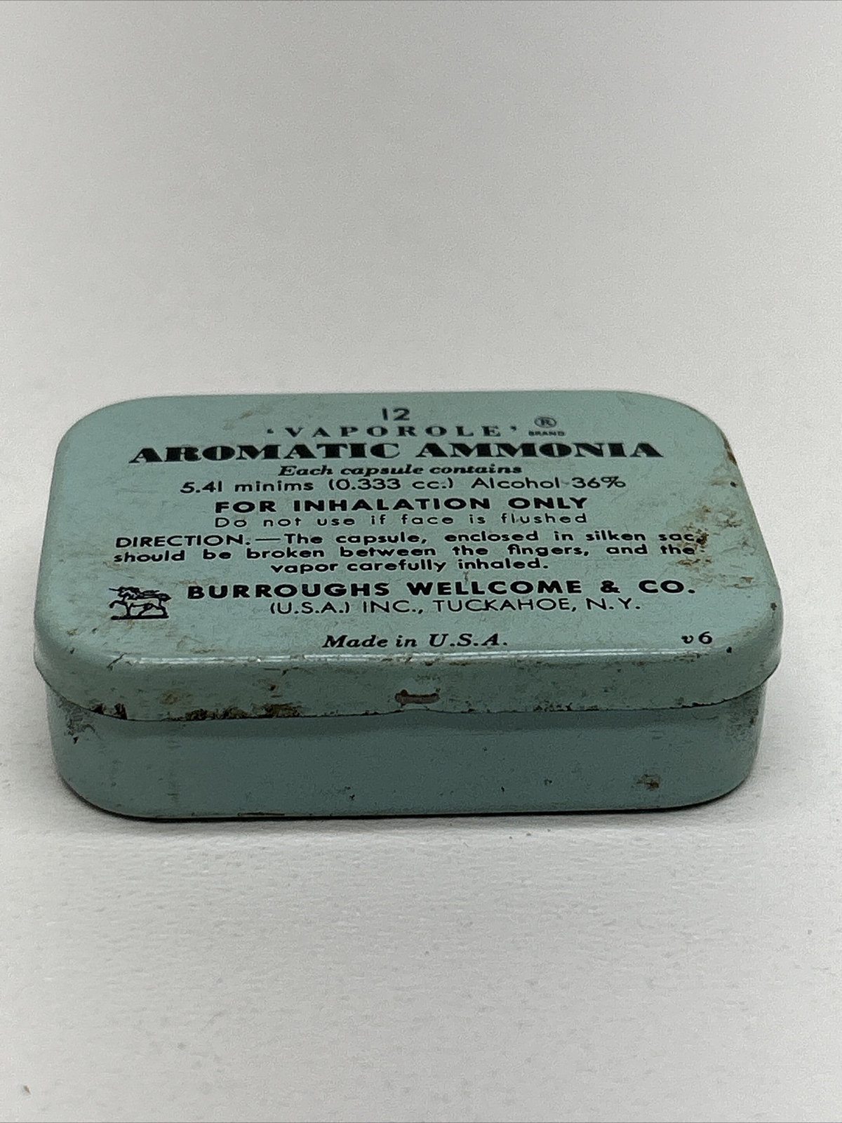 Vintage BURROUGHS WELLCOME & CO Vaporole Aromatic Ammonia Tin Can With Paper