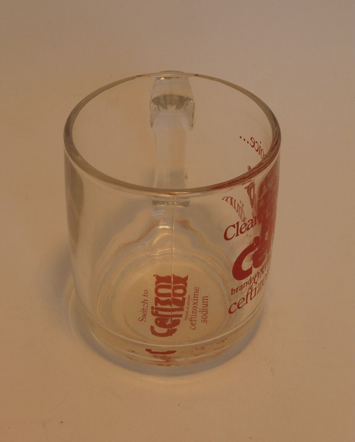 Pharmaceutical Drug Rep Clear Glass w/ Red Letters Coffee Cup CEFIZOX Antibiotic