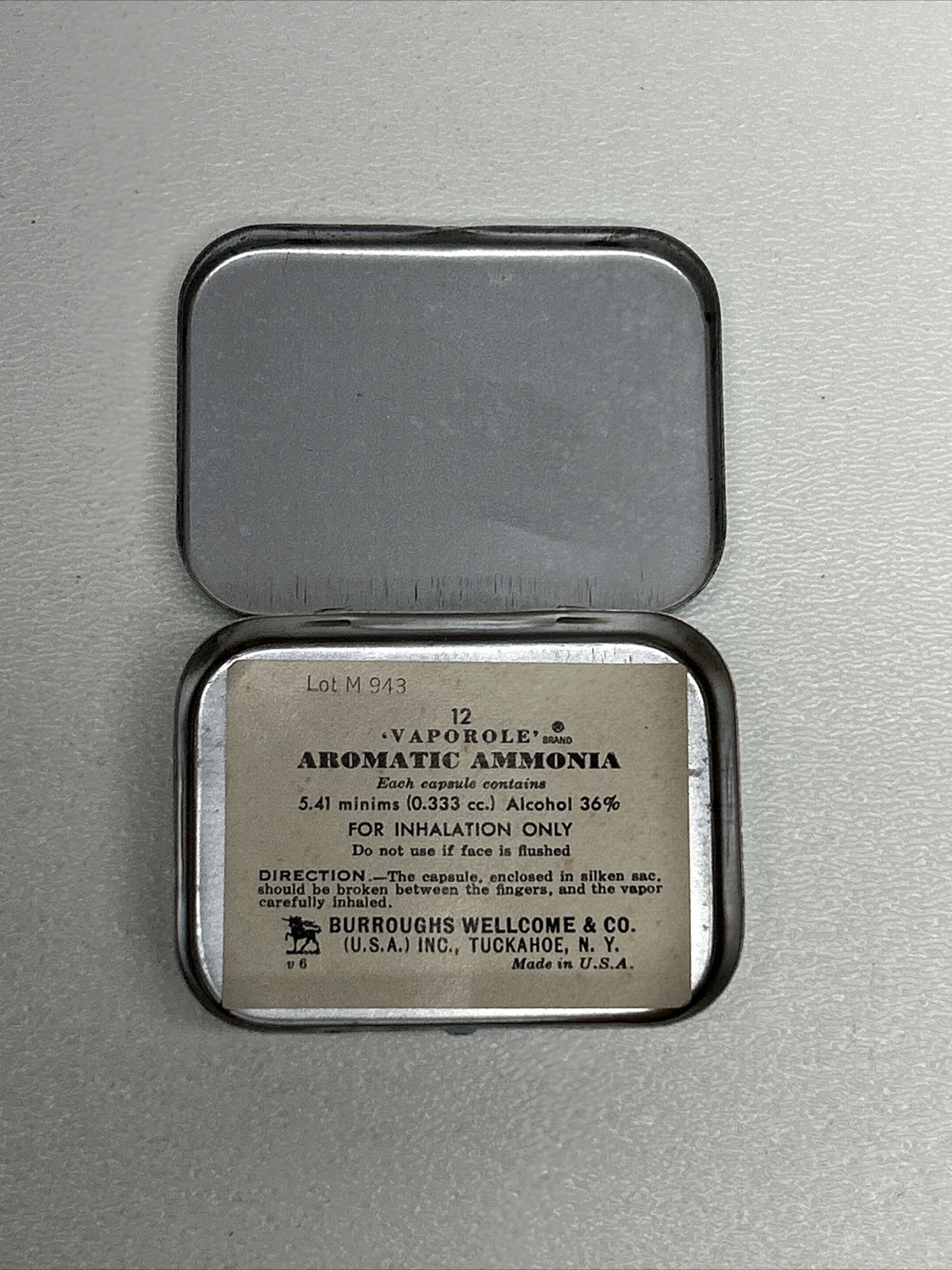 Vintage BURROUGHS WELLCOME & CO Vaporole Aromatic Ammonia Tin Can With Paper