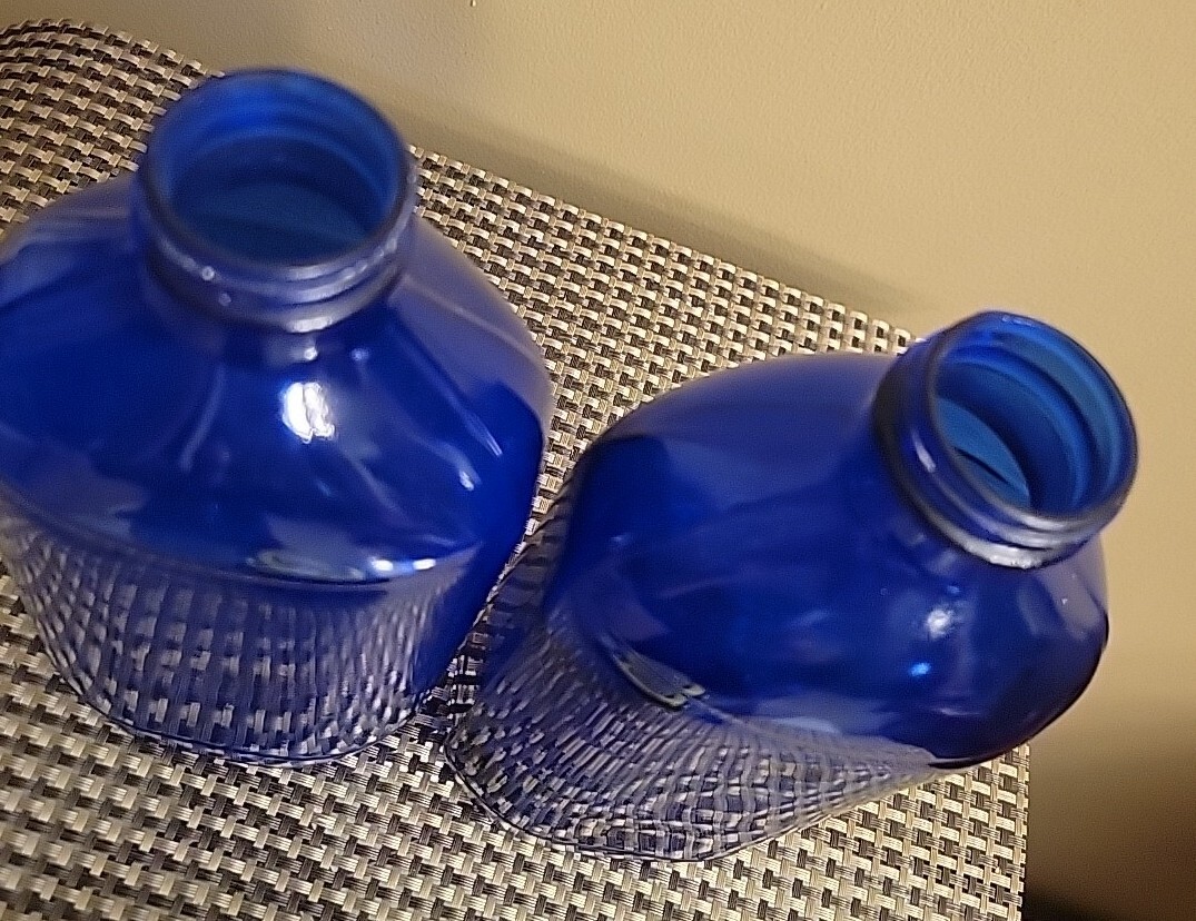 Vintage 2 Large 9.5″ Blue Cobalt Blue Medicine Bottle Embossed Made in USA, EXC