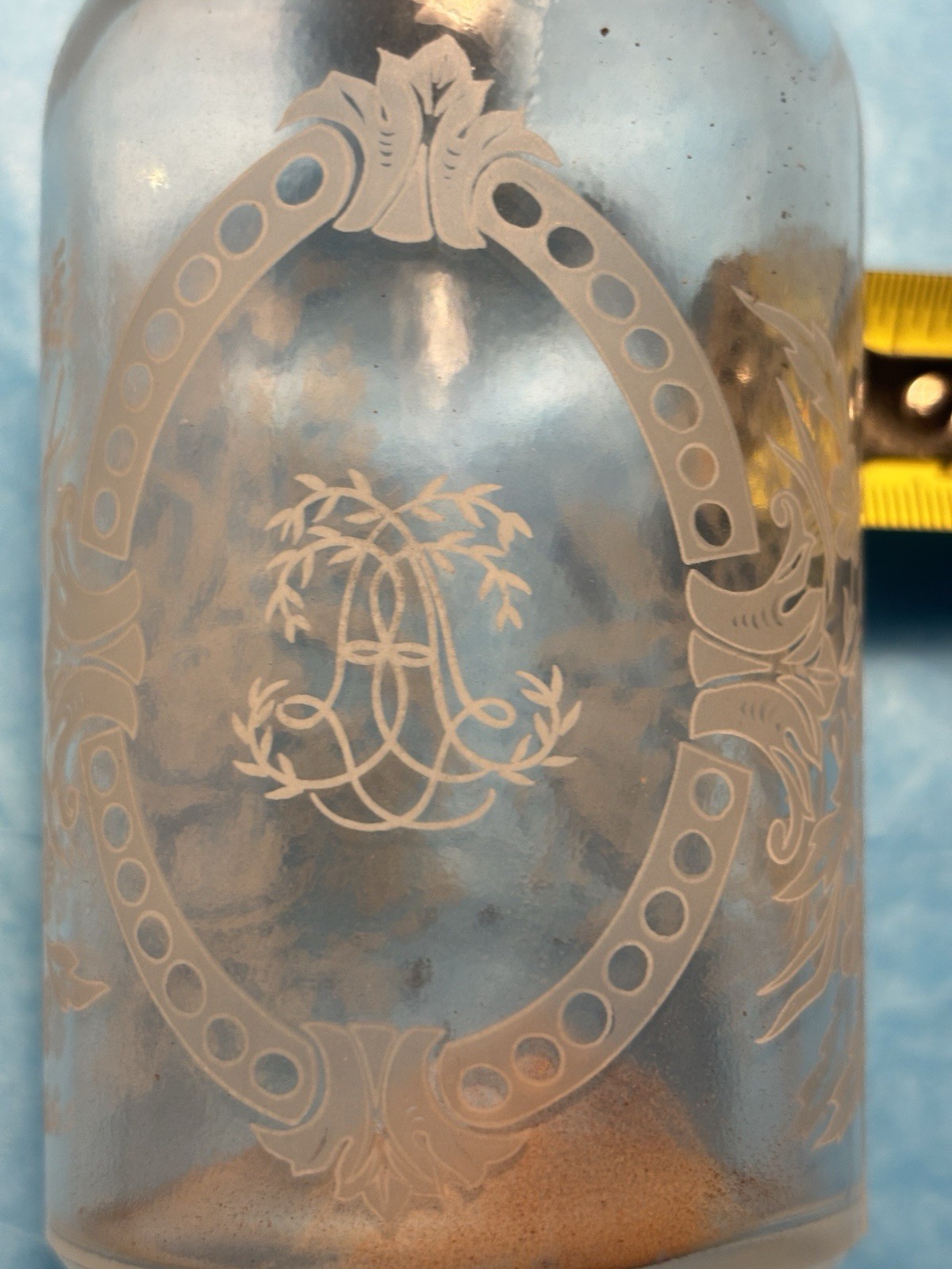 Antique French Victorian Glass Etch Decorated Monogram Apothecary Spirit Bottle