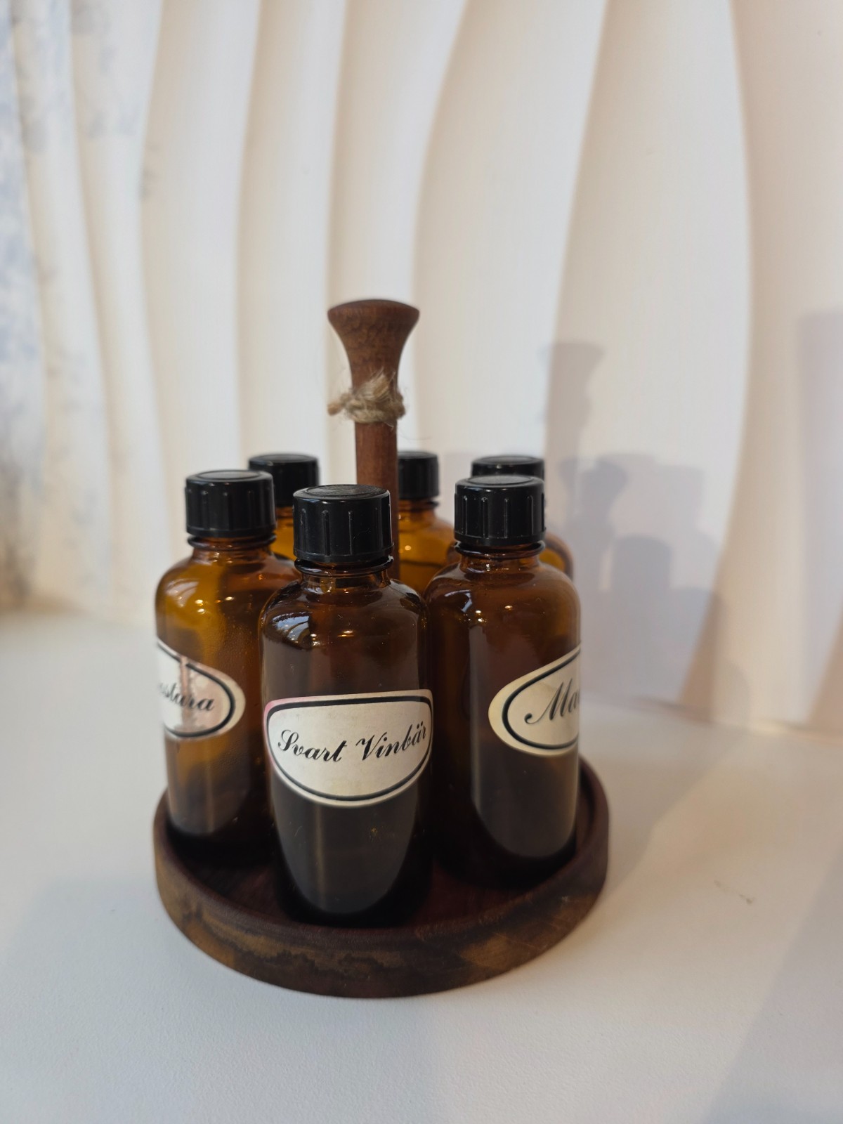 Rare Swedish 1960s apothecary tincture bottles set in wooden stand