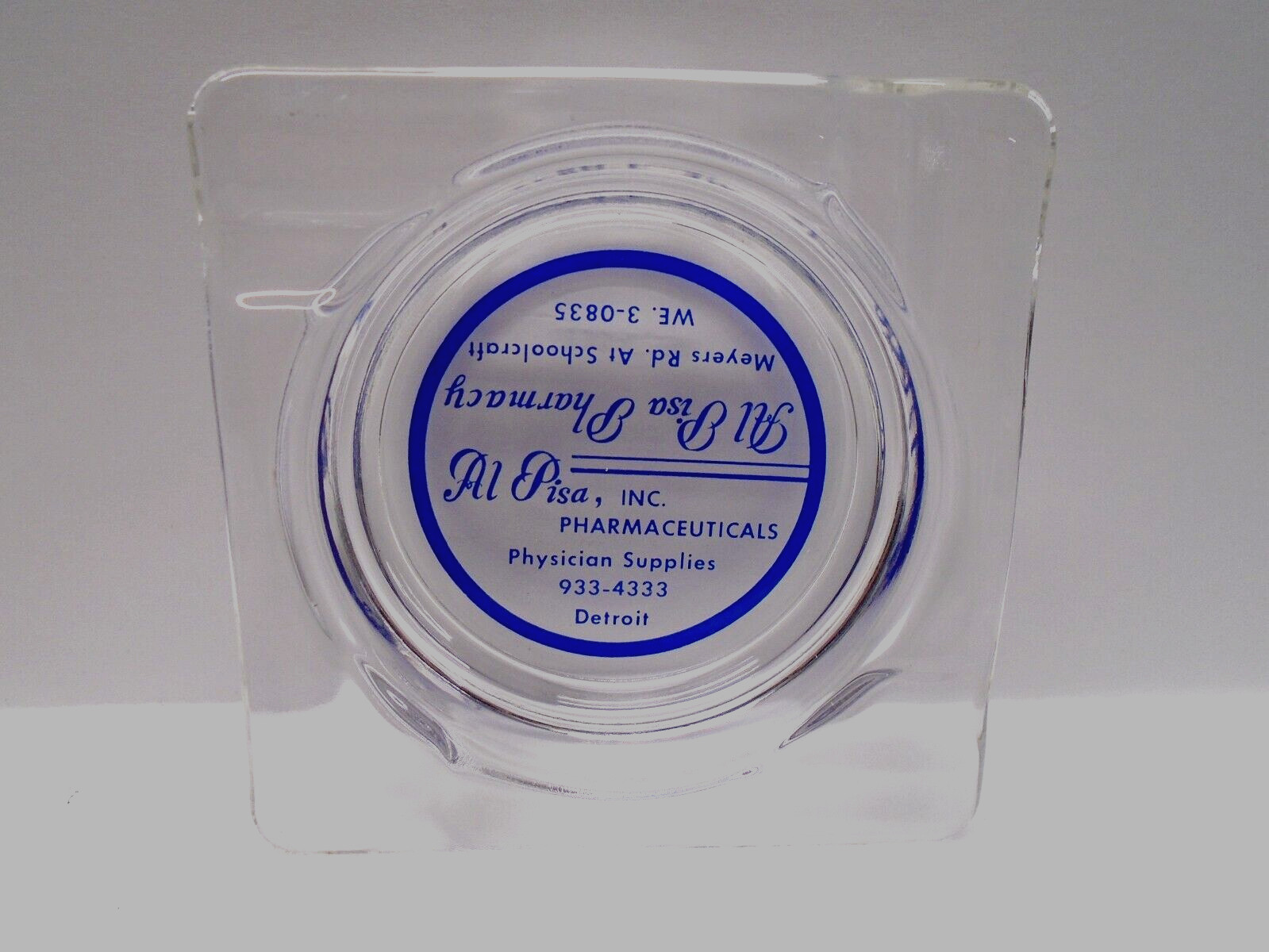 VTG ADVERTISING GLASS ASHTRAY! AL PISA, INC. PHARMACEUTICALS DETROIT, MI U.S.A.