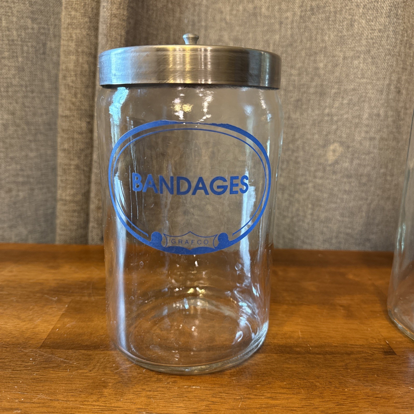 3 GRAFCO Glass Sundry Jars Medical Apothecary Doctor Bandage Cotton Tongue BLUE