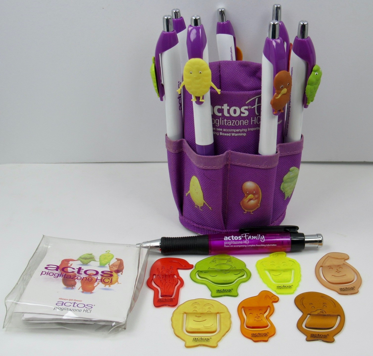 Actos LOT Character PENS, HOLDER CLIPS Drug Rep Pharmaceutical Promo Advertising