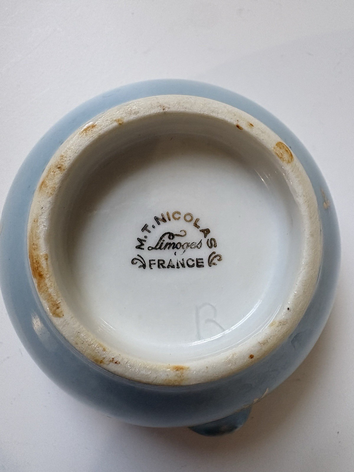 VTG Limoges Pharmacy Apothecary Mortar blue & gold 1954 Halifax MT Nicolas CPhA