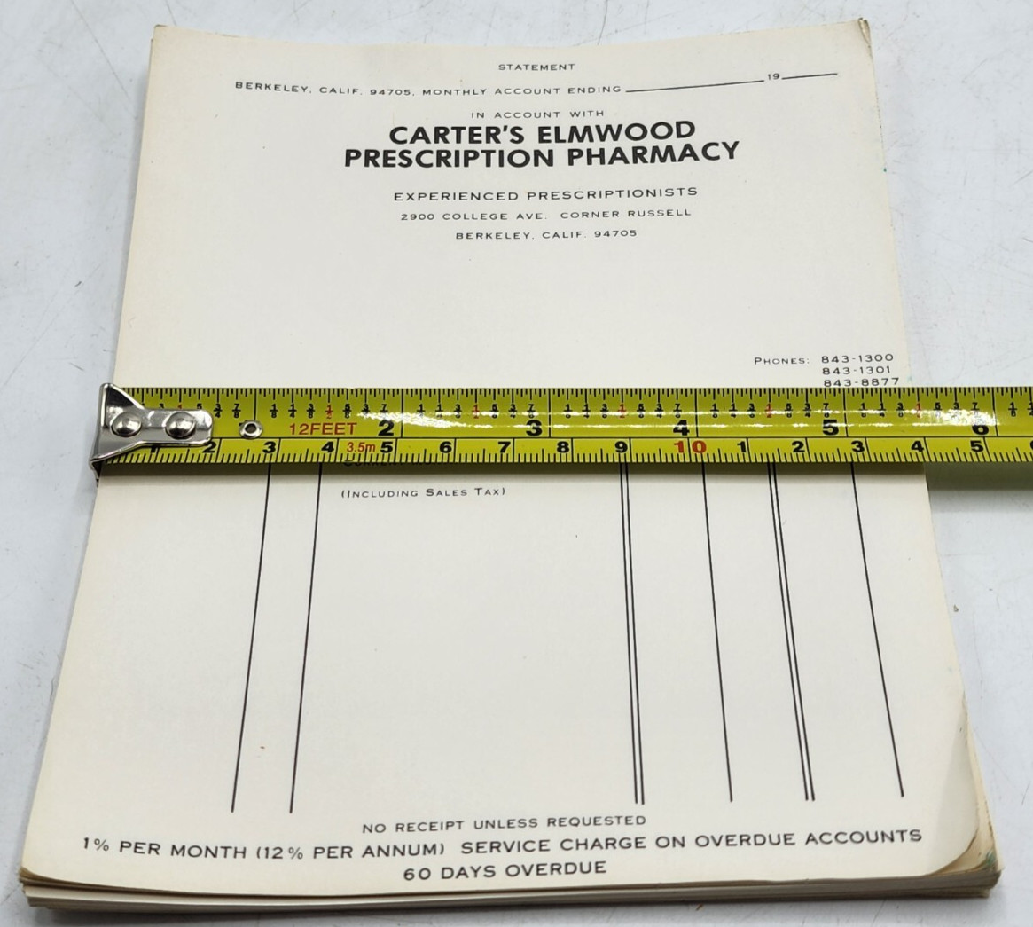 VINTAGE Blank PRESCRIPTION Receipts Carter’s Elmwood Pharmacy Berkeley CA 1960s