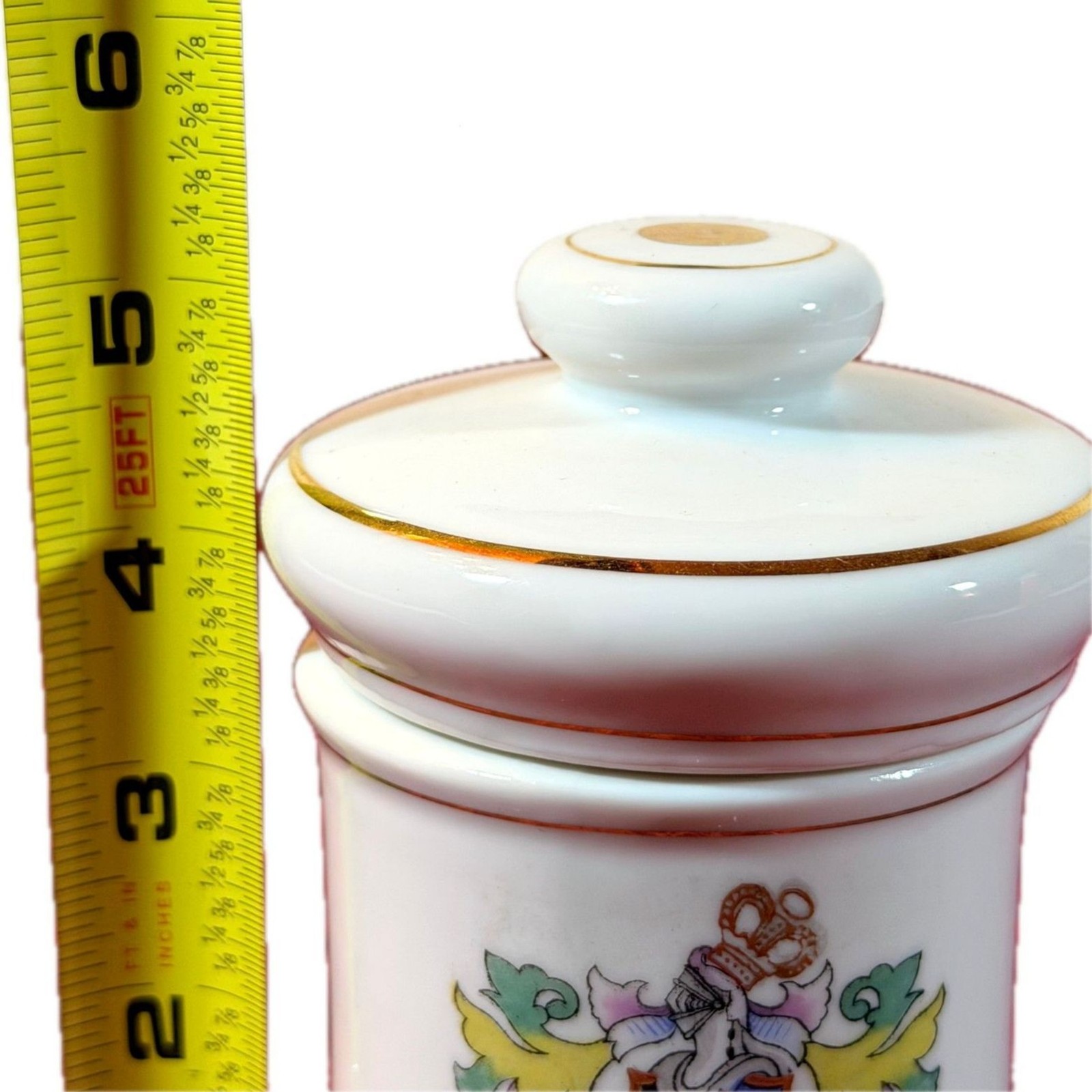 VTG DOM Japan Porcelain Apothecary Jar Pulvis Latin Crest Gold Trim Lidded 5″