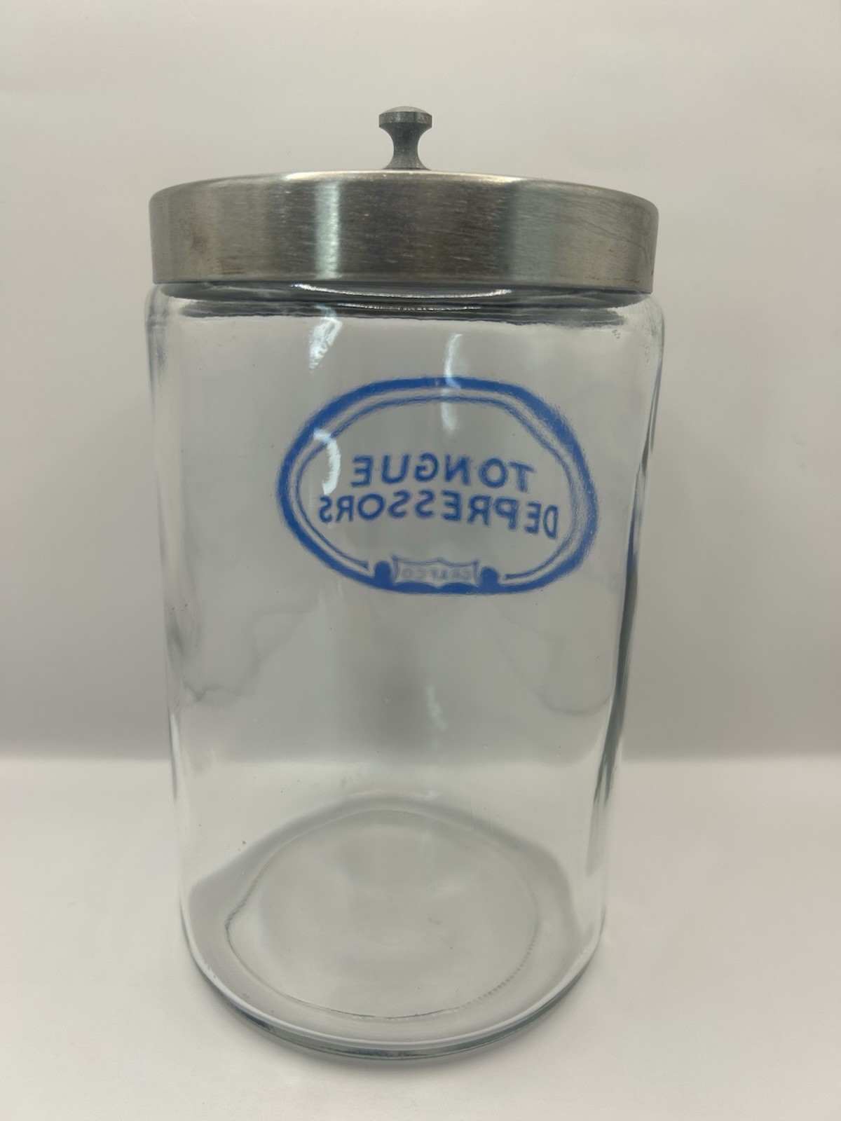 Grafco Medical Apothecary Glass Jar Stainless Lid Blue Letters Tongue Depressors