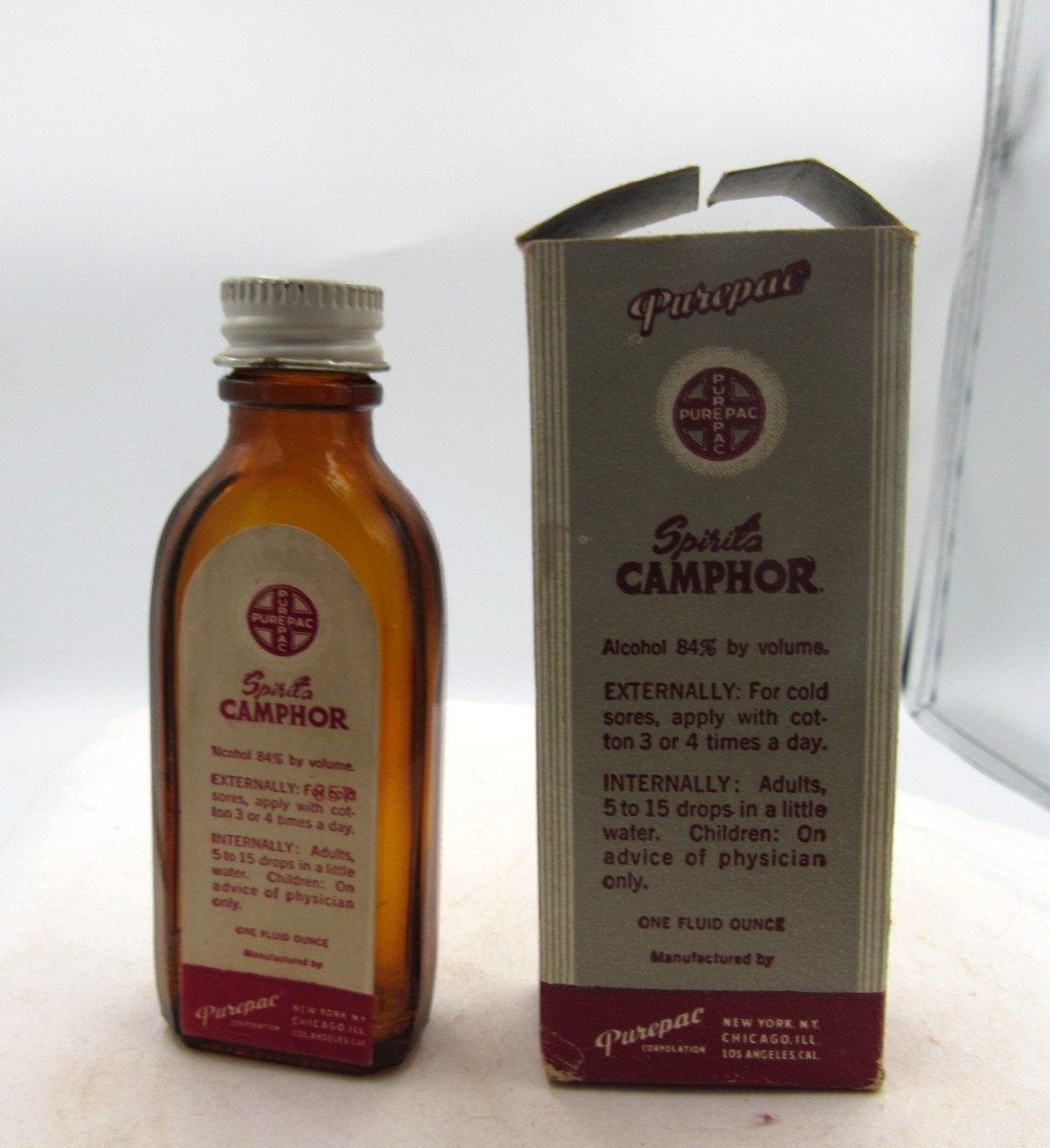 MM – 1940’s Purepac Camphor New York Chicago Ill 3 3/4″ Amber Medicine bottle