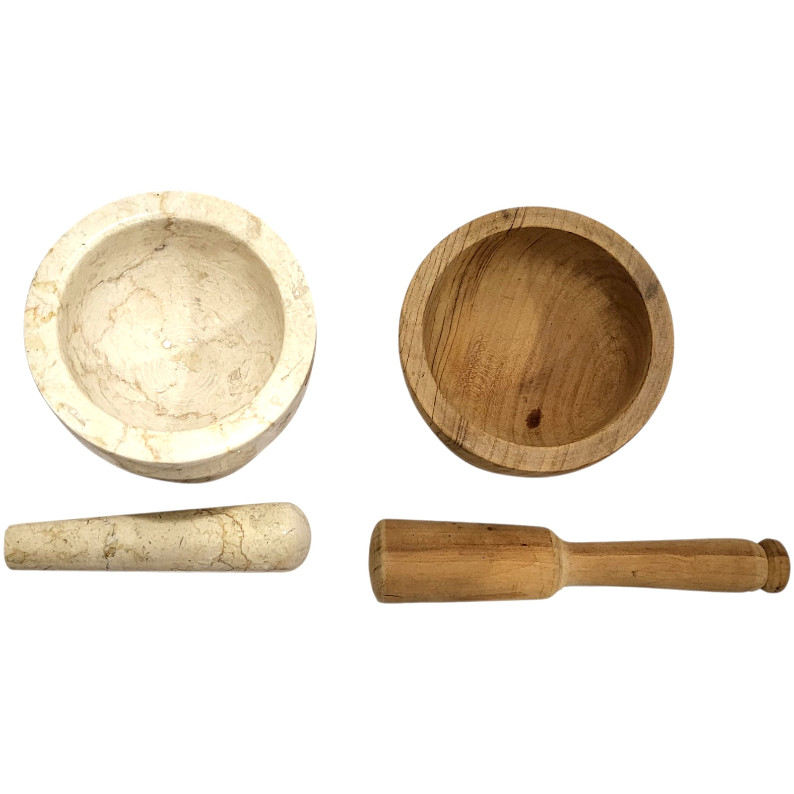 LOT of 2 Vintage 1960s 70s Mortar and Pestle * Italian MARBLE * WOOD 4″ x 4″
