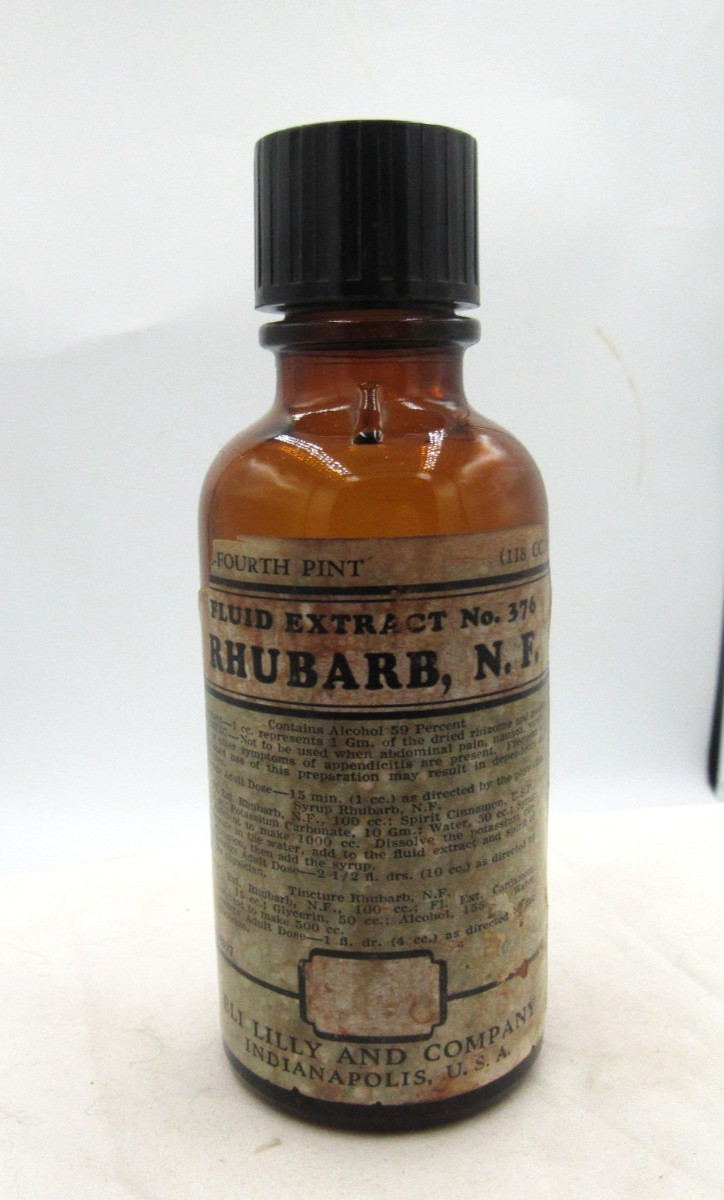 BW – 1940’s Eli Lilly Rhubarb Indianapolis Ind 5 1/4″ Amber Medicine bottle