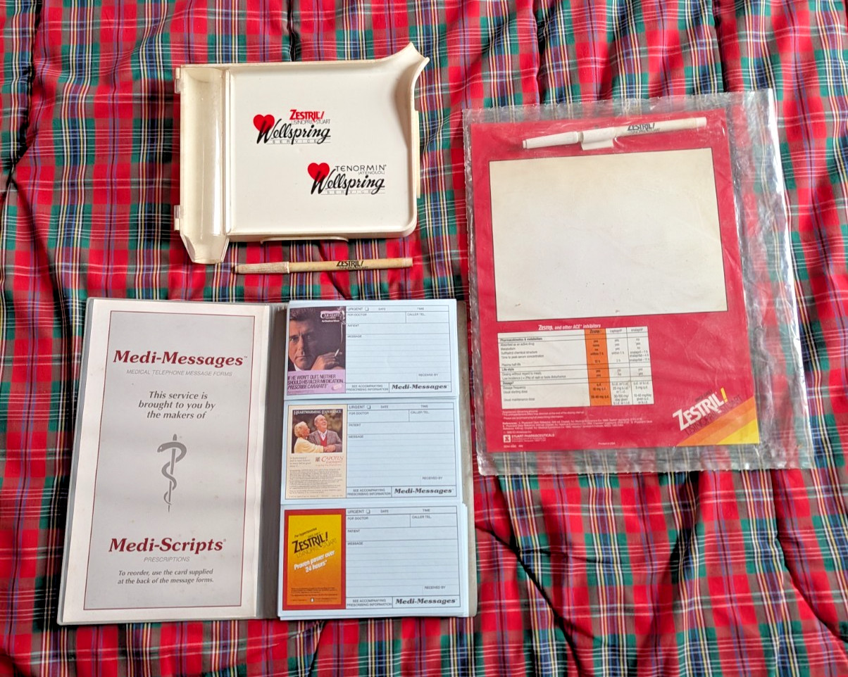 Lot Zestril drug rep gifts 1970s-1990s Rx counting tray note board pens messages