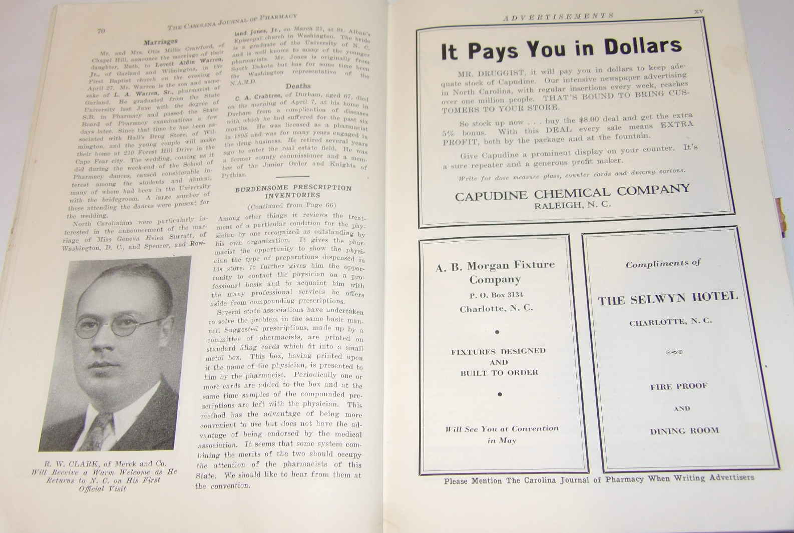 VTG 1940 DRUGGIST CONVENTION SOUVENIR BOOK! CHARLOTTE, NC! ADS/HOTELS/PICTURES!