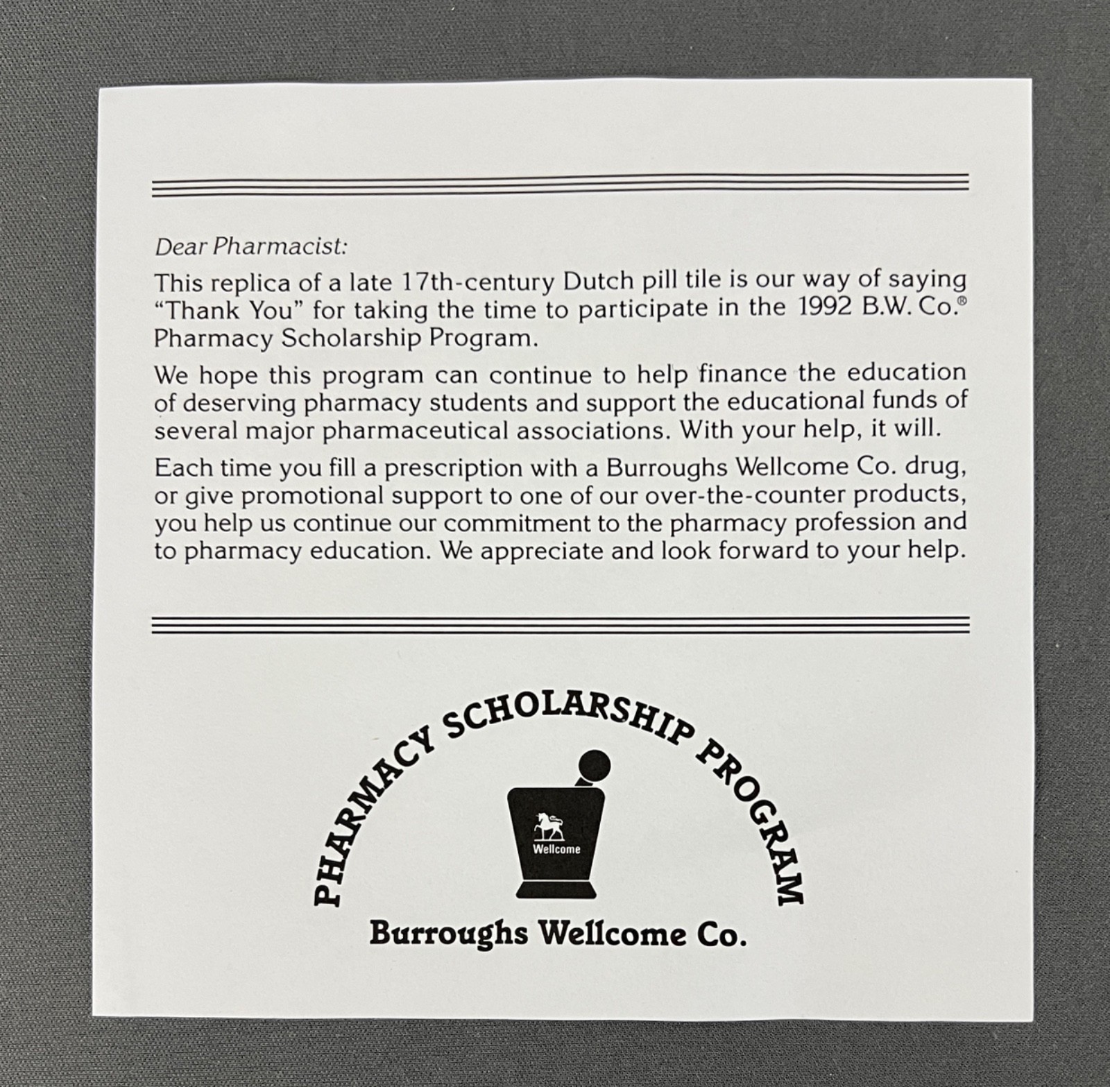 Burroughs Wellcome Pharmacy Education Program Holland Delft Pill Tile 1992