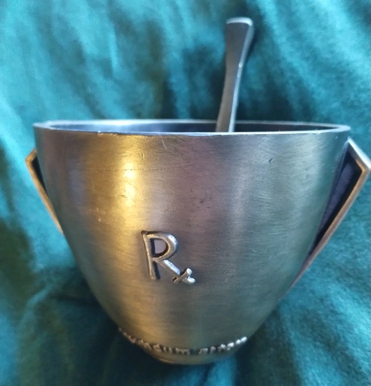 Vintage Brass Rx Graduate 1971 Mortar Pestle MEDICAL HISTORY coricidin INDUSTRY