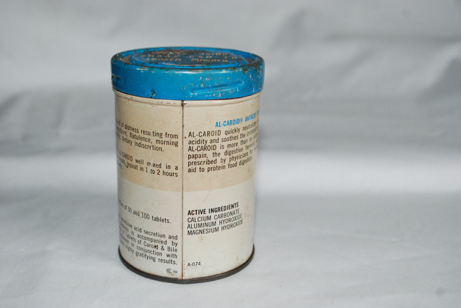 Vintage AL-CAROID Antacid Powder 4oz Empty Tin – 4.5″
