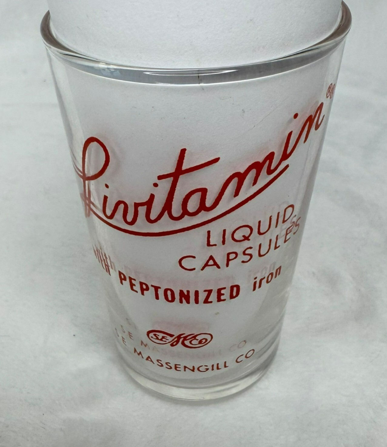 Vintage Massengill Co. Livitamin Liquid Capsules Measuring Glass 3 Oz Clear Red
