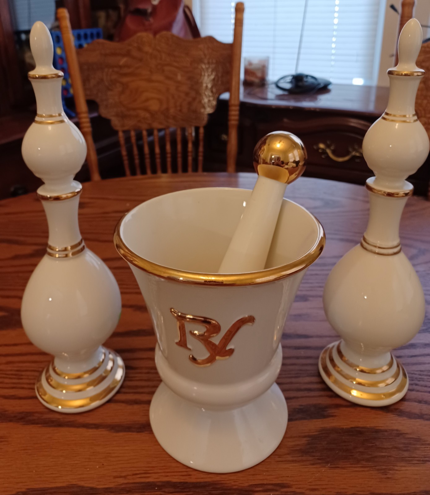 Vintage Owens Illinois Mortar and Pestle Finail Set Rx White and Gold Pharmacy