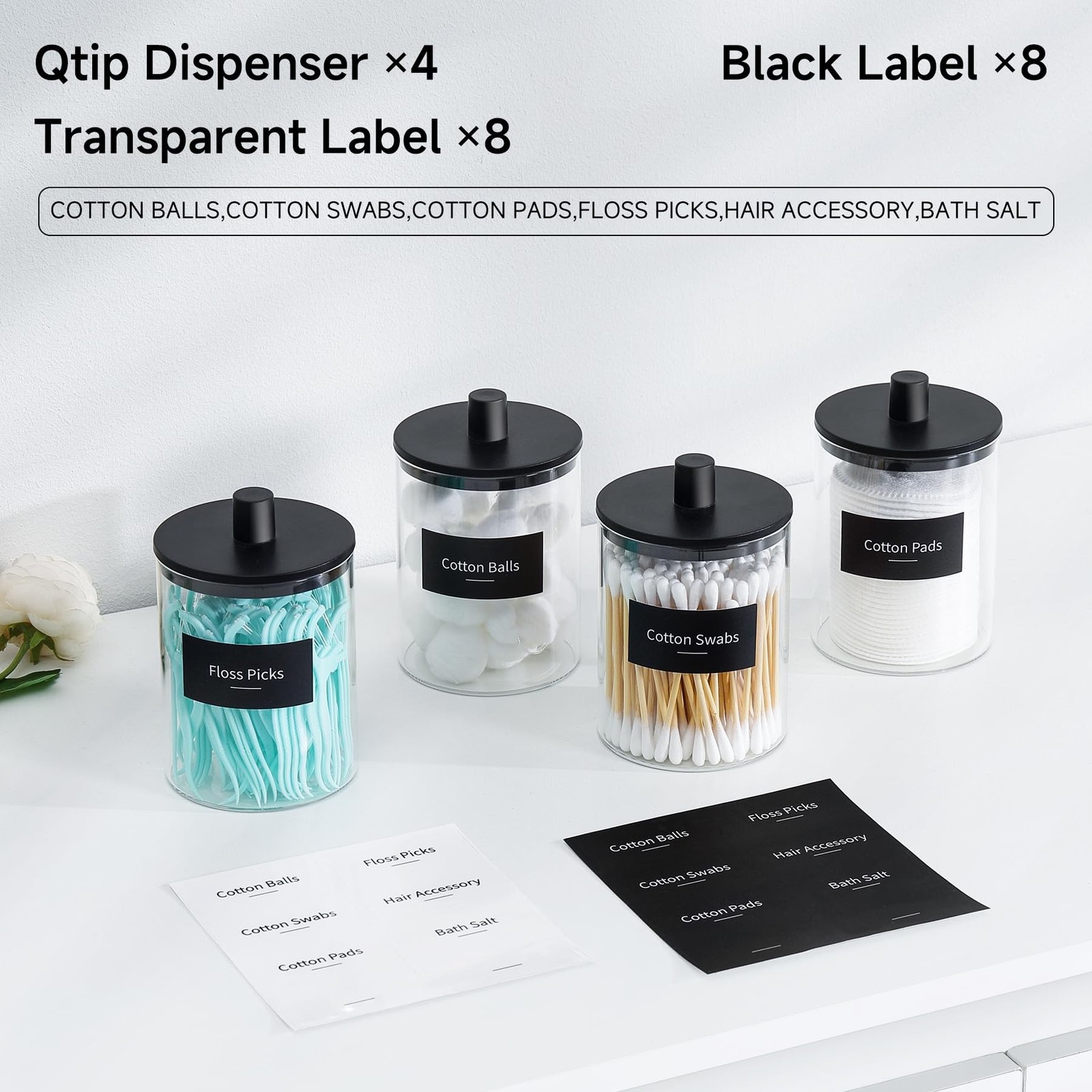 TIPGO Glass Qtip Holder Dispenser – 10 oz Clear Canister Apothecary Jar, Bath…