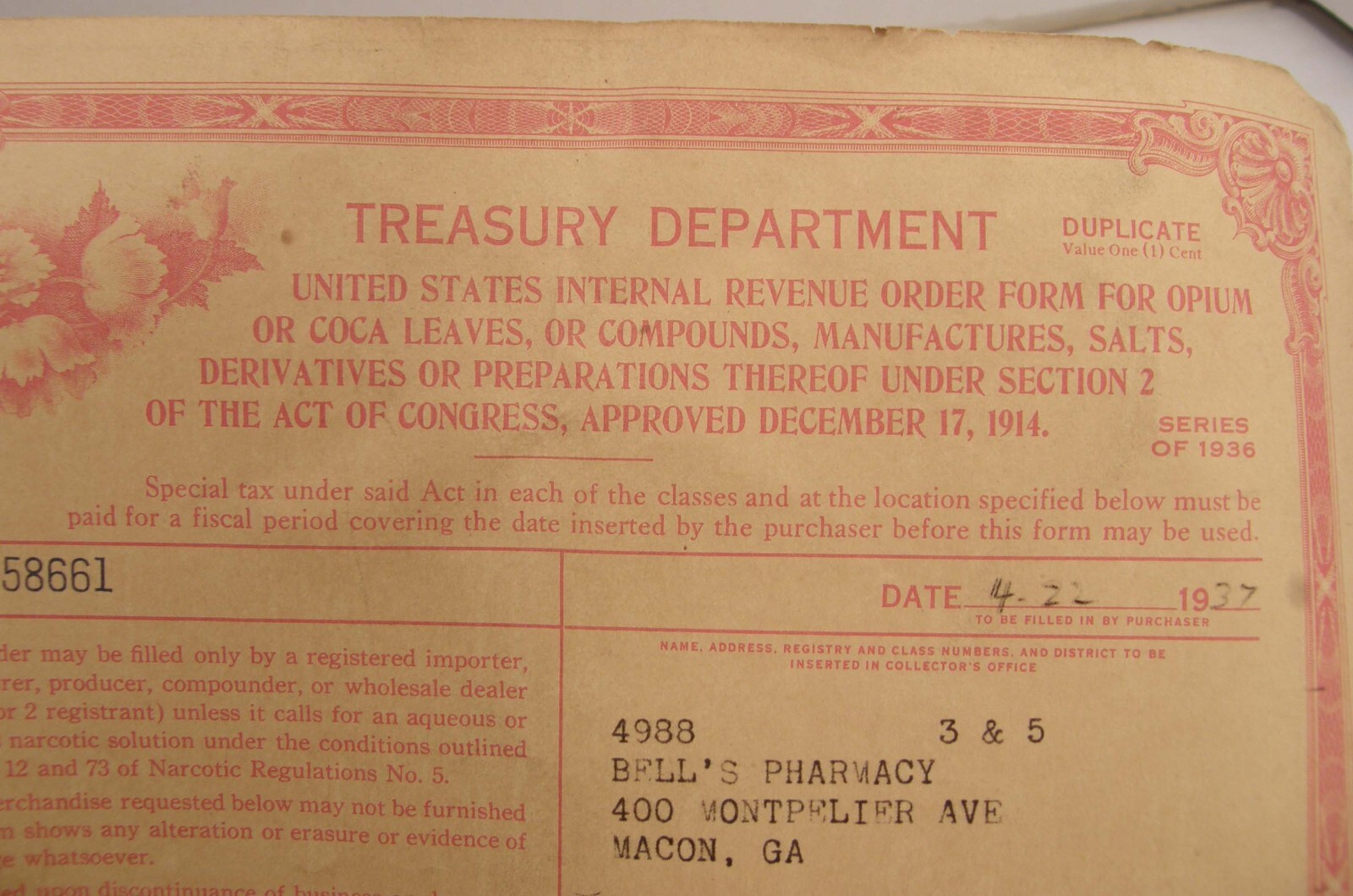 VINTAGE 1936 US TREASURY DEPT REVENUE FORM COCA LEAVES OR OPIUM MACON GEORGIA