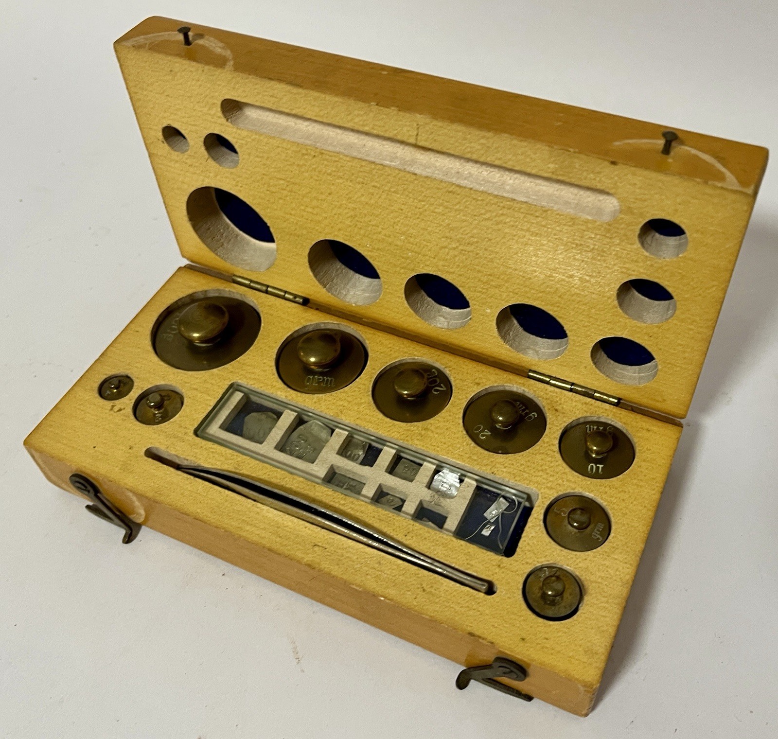 Antique Vintage Chemist Travelling Brass Weights and Tweezers in Box