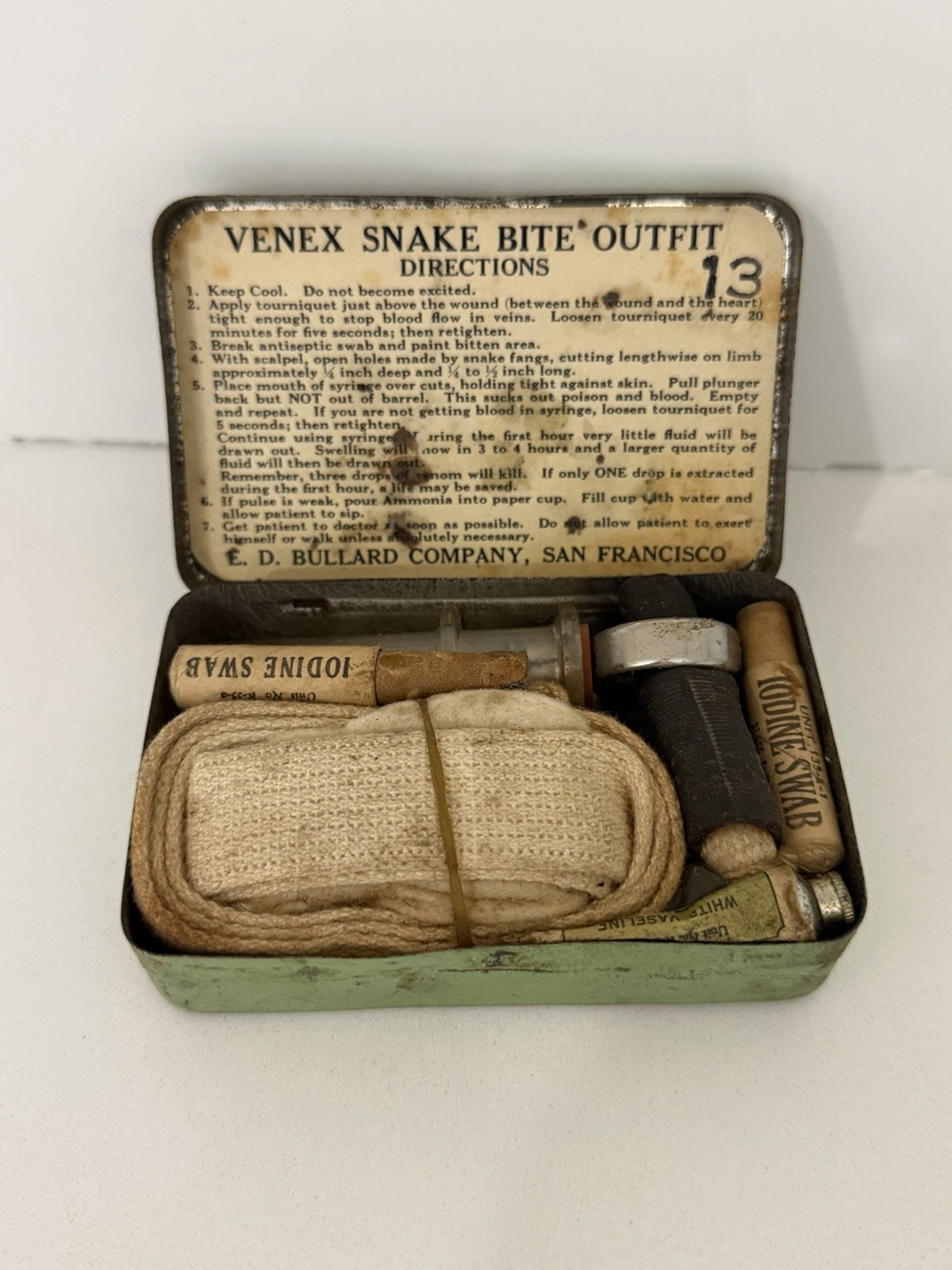 Vintage 1930s Bullard first aid snakebite pocket packet with contents