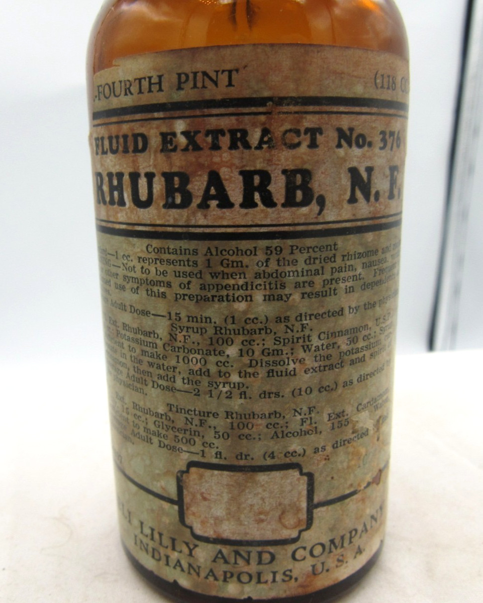 BW – 1940’s Eli Lilly Rhubarb Indianapolis Ind 5 1/4″ Amber Medicine bottle
