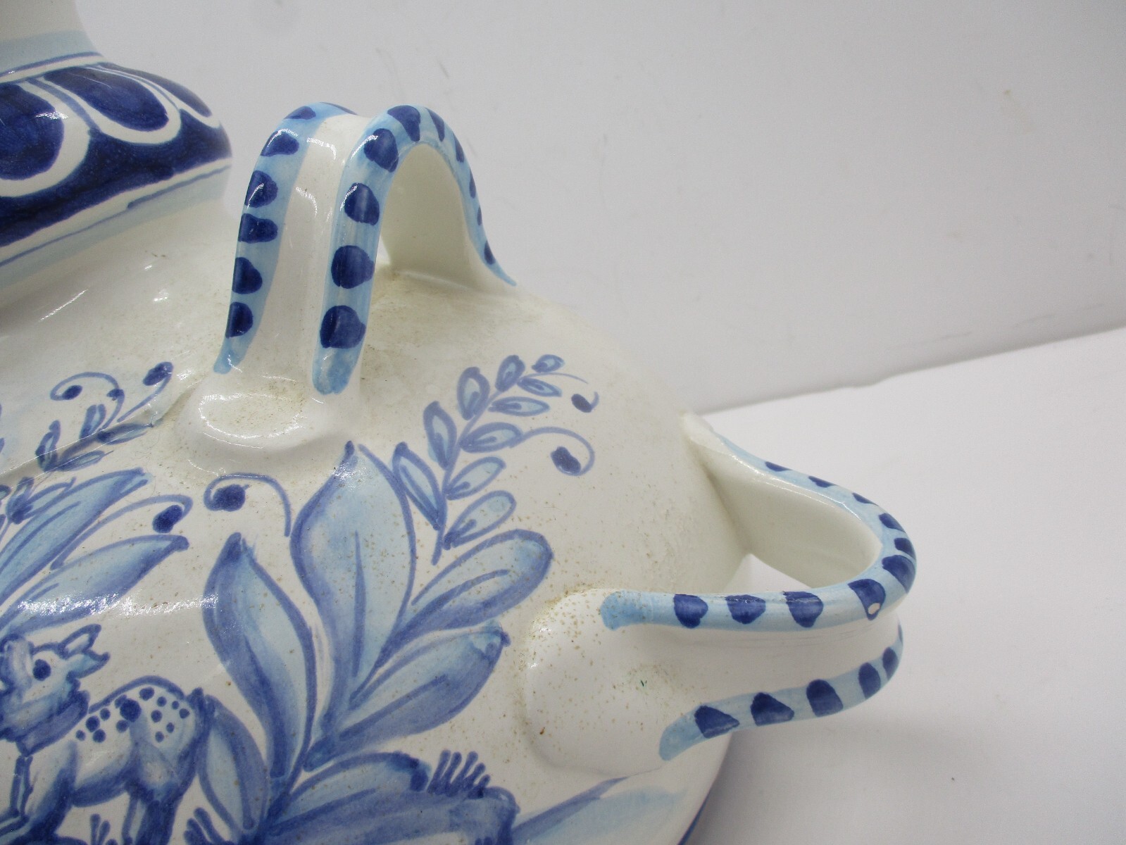 Amazing Pharmacy Apothecary Jar “Aq Mele” Blue and White Hand Painted Deer