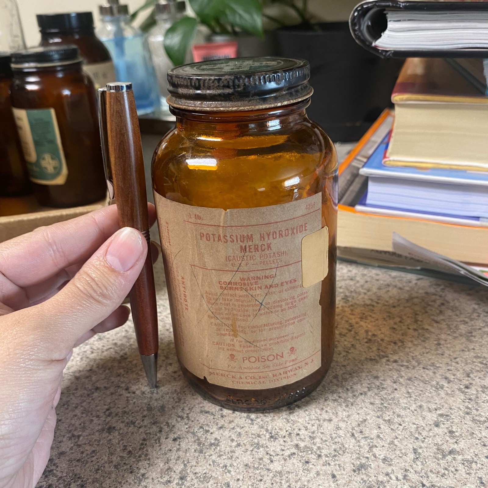 Vintage Merck Potassium Hydroxide Amber Glass Jar Poison Label 1lb Dark Academia