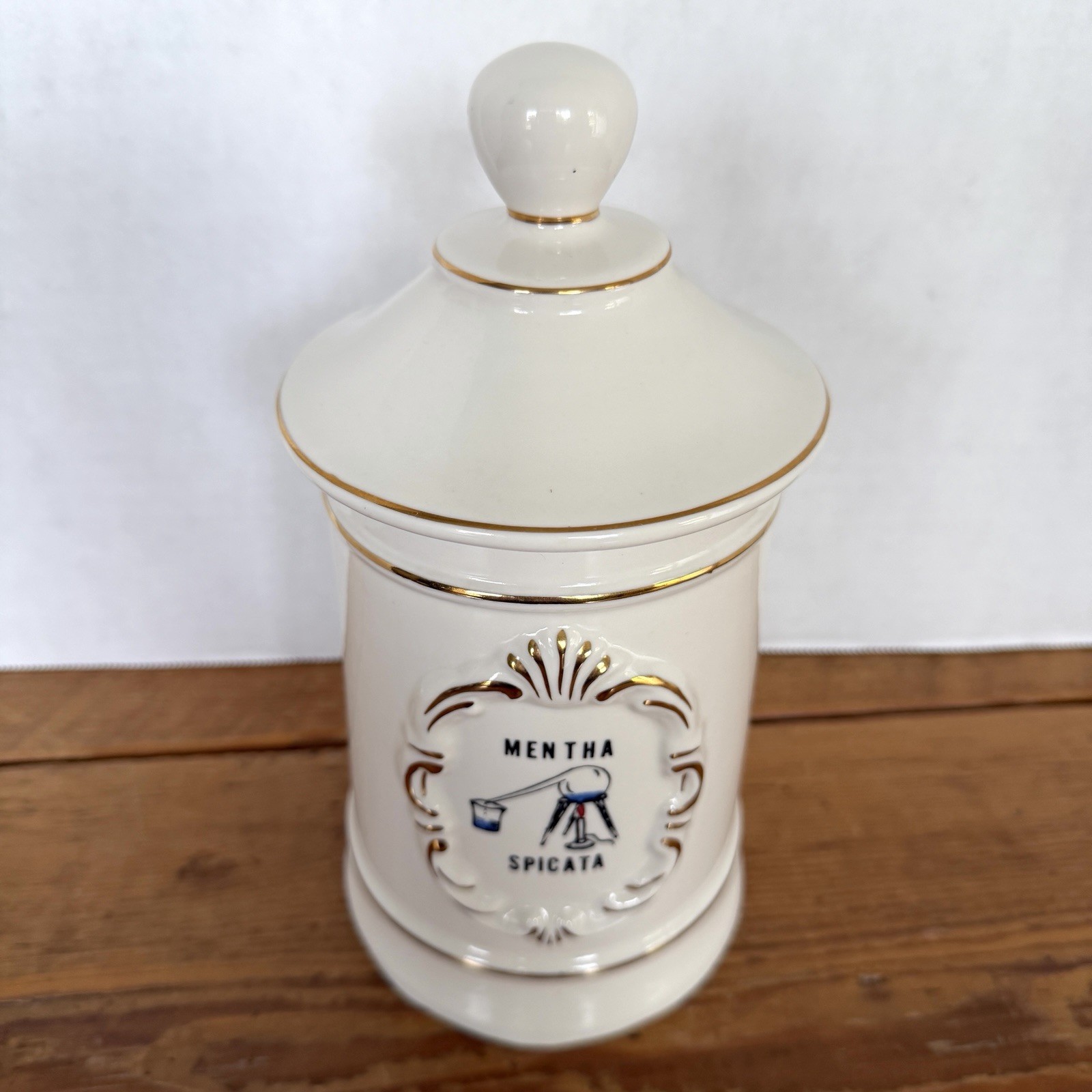 Vintage Ceramic Apothecary Jar Mentha Spicata (Spearmint) 9” Tall With Lid