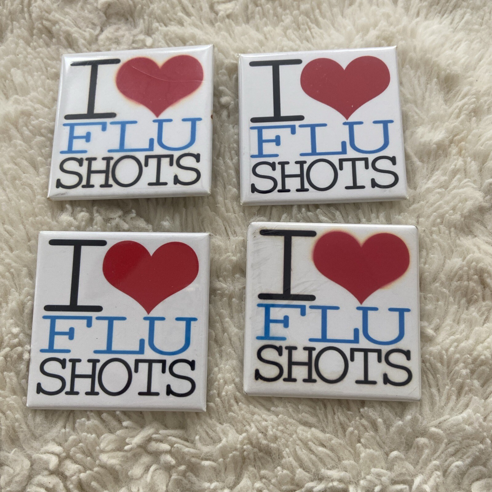 Pinback Buttons I LOVE FLU SHOTS Pharmacy Medical Doctor Lot Of 4. 2.125”