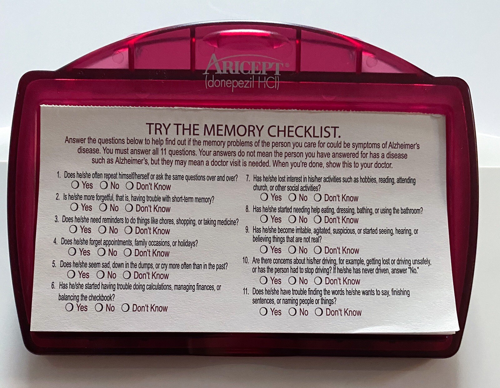 ARICEPT Pharmaceutical Drug Rep Promo Clipboard Dated 2004 RARE Memory Checklist