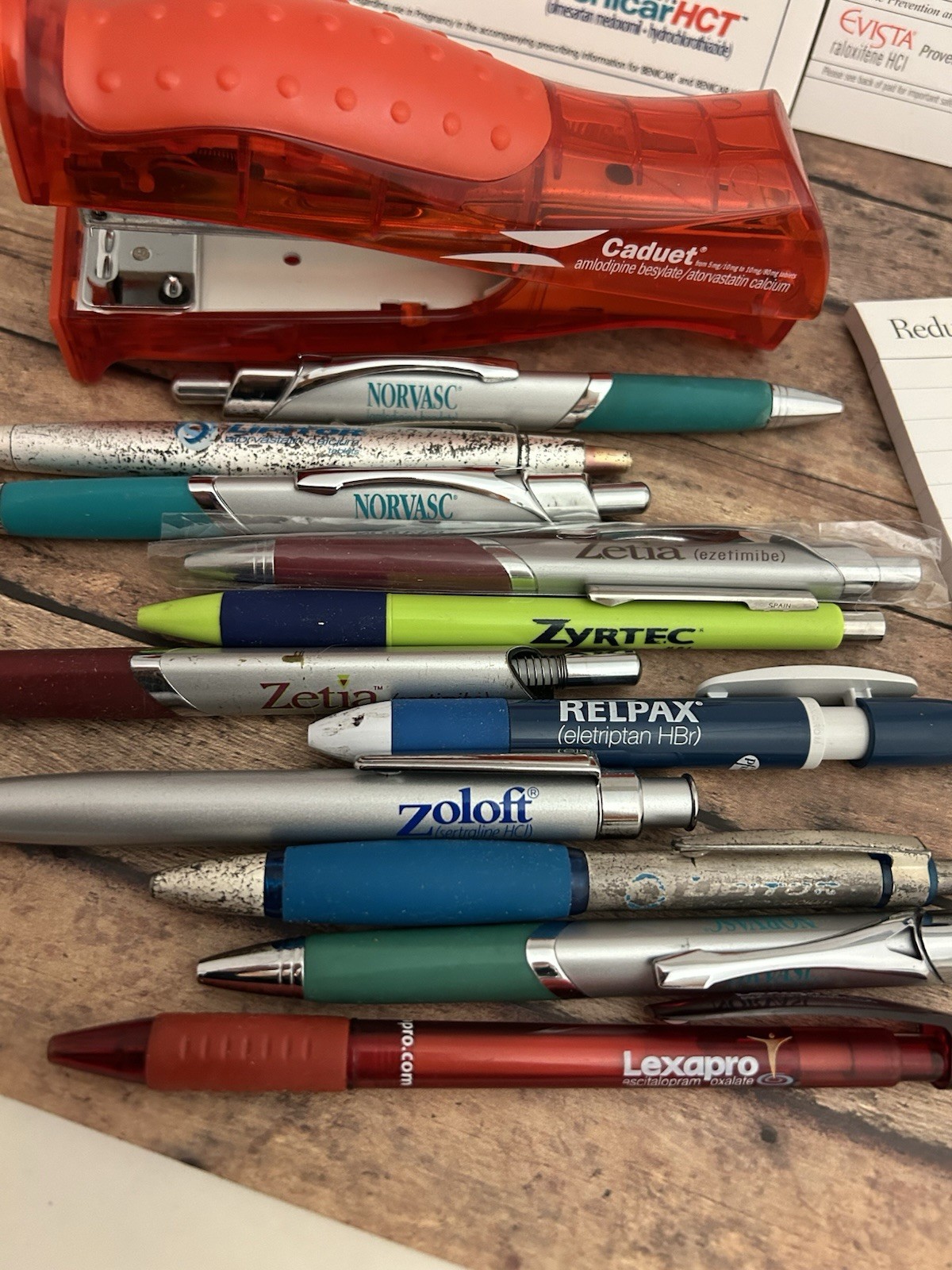 LOT 18 Advertising Pharmaceutical Drug Rep Promo Pens Stapler Notepads Untested