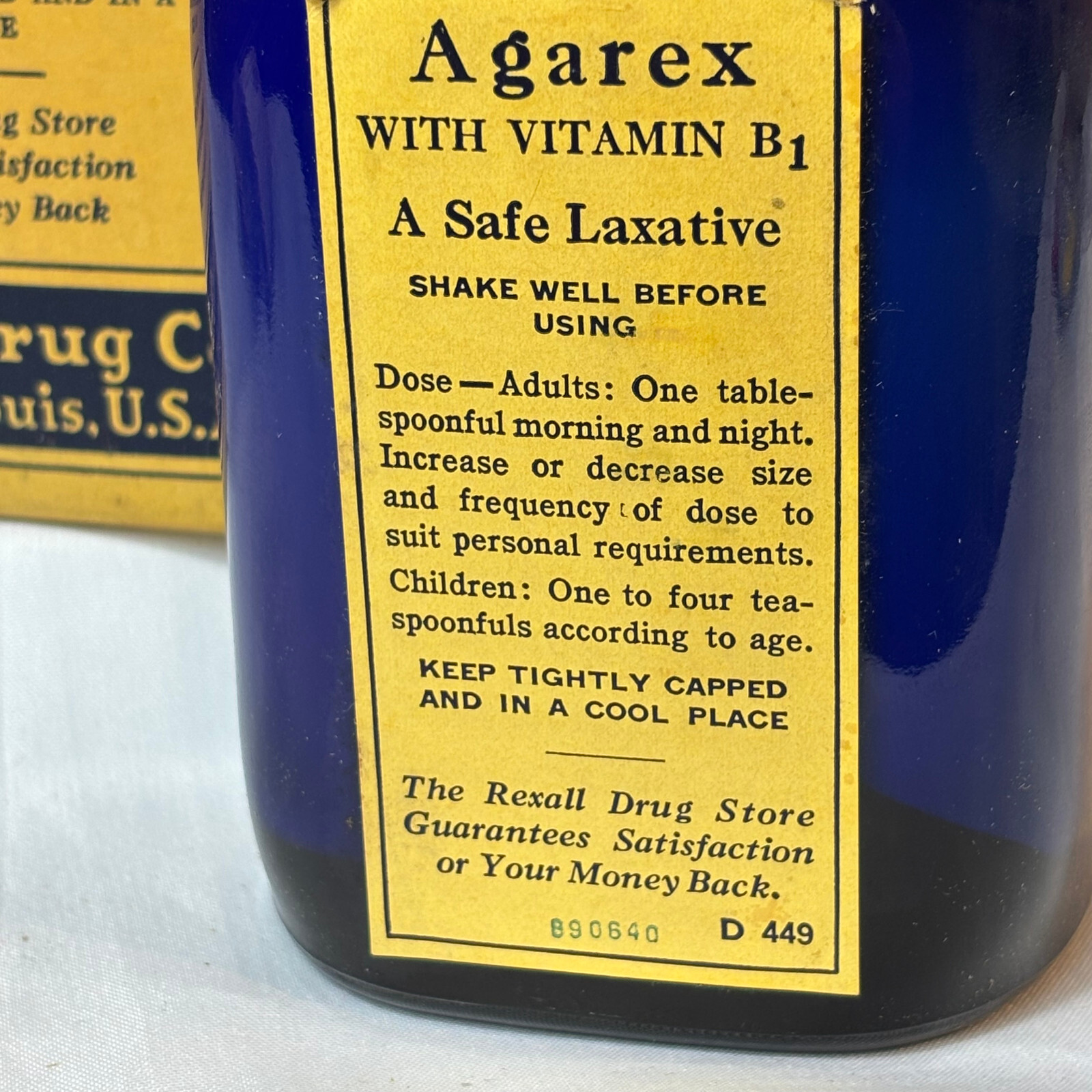 Vtg Agarex W/ Vitamin B1 16oz Cobalt Blue Bottle In Box Rexall Drug Stores
