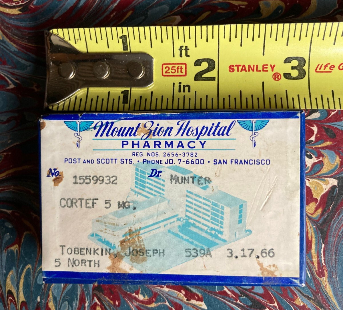 Vintage 1960s Prescription Box Mount Zion Hospital Pharmacy, San Francisco, CA!