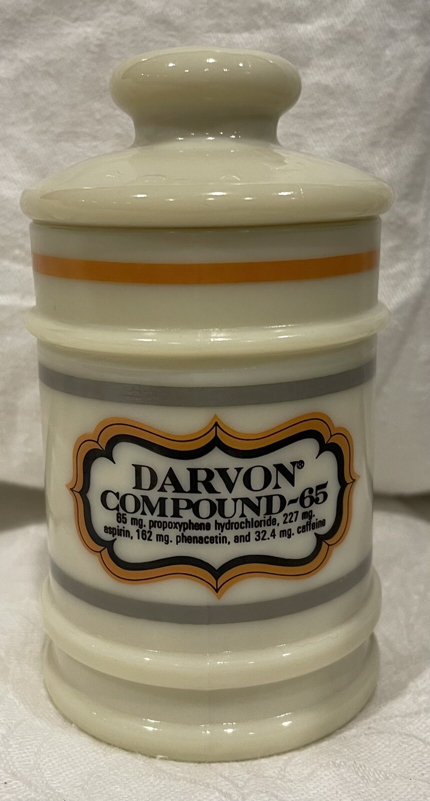 Darvon Compound 65 Apothecary Canister Jar with Lid Milk Glass 5″ Tall Vintage