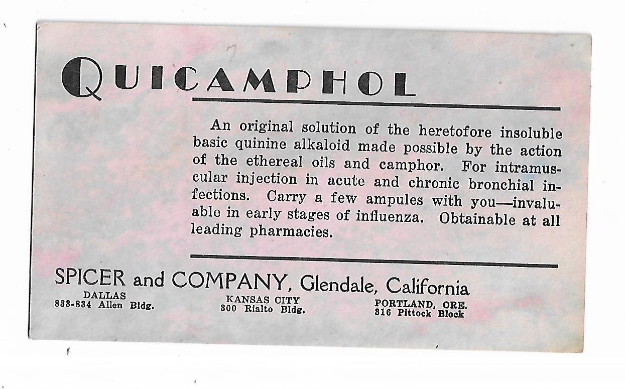 Old Advertising Medicine Blotter Quicamphol Ampules Spicer & Co Glendale CA