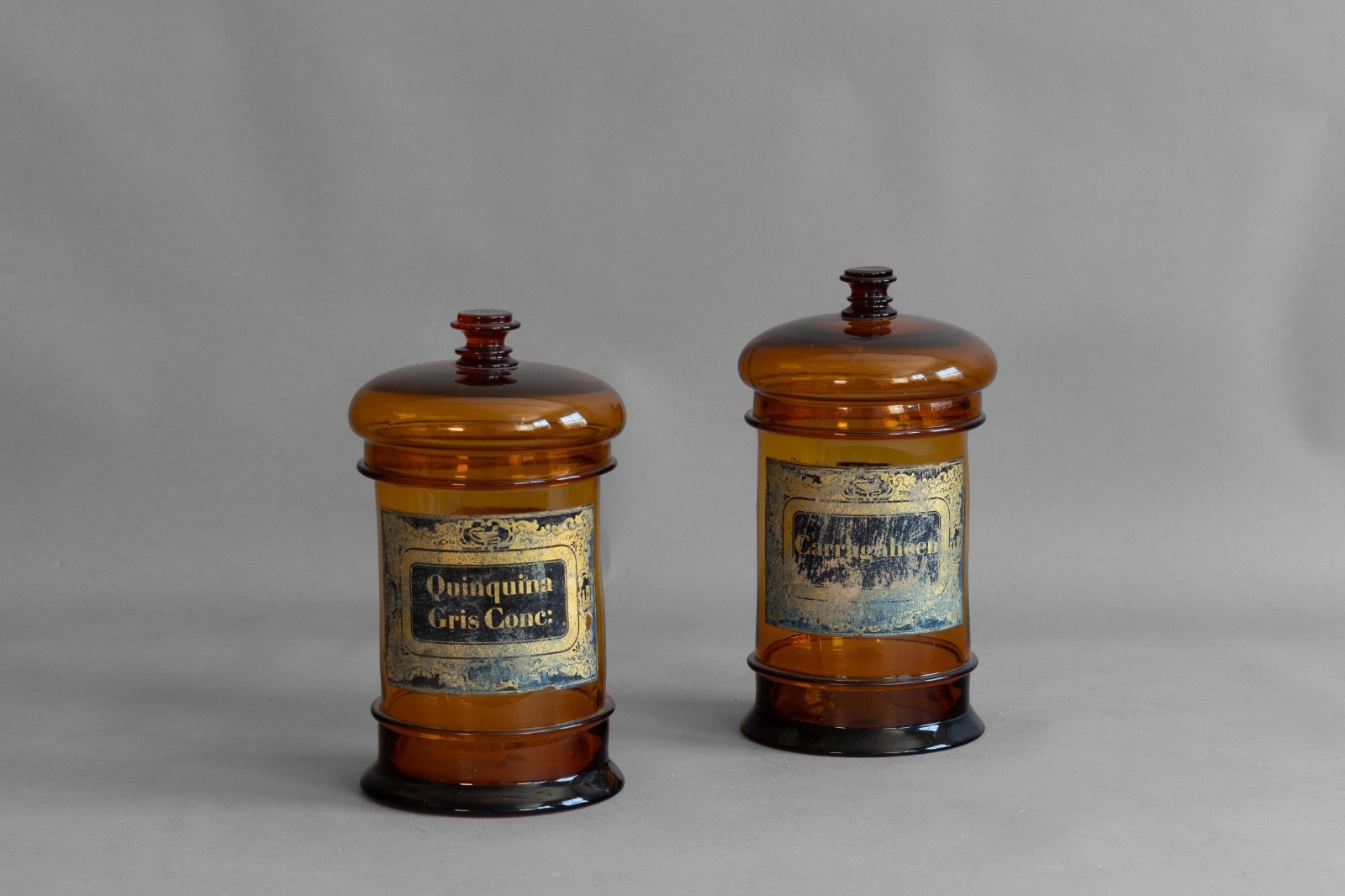 Pair of French Amber Glass Apothecary Jars