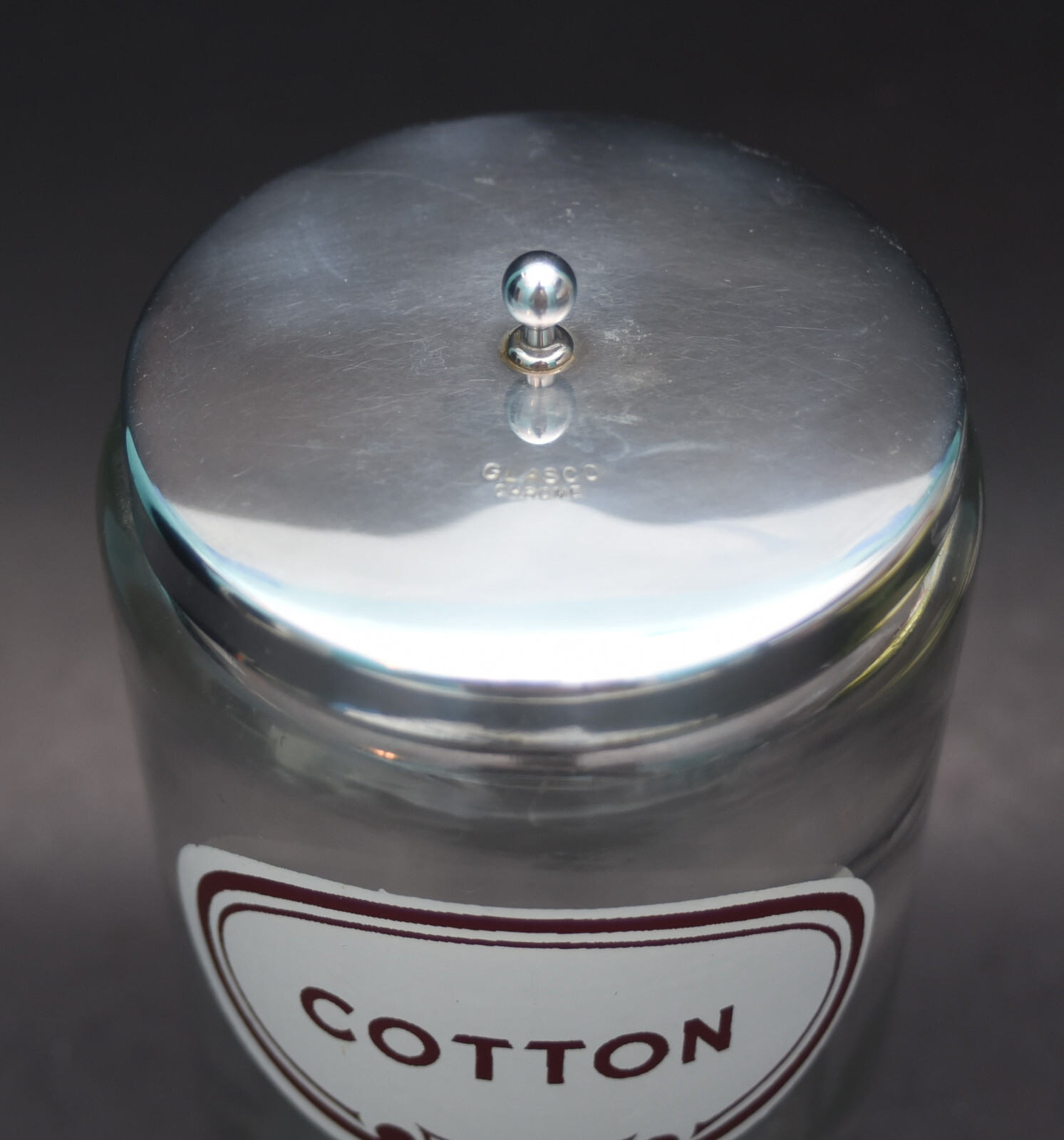 VINTAGE A.S. ALOE GLASCO COTTON APOTHECARY MEDICAL DOCTOR JAR WITH CHROME LID