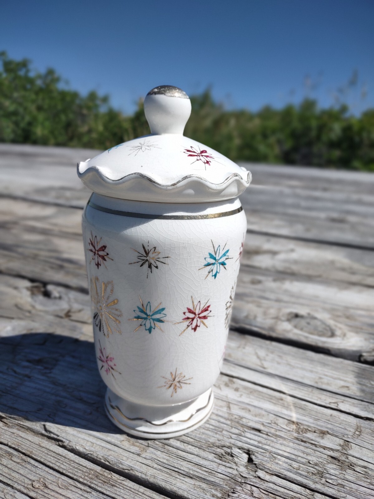 Vintage Royal Sealey Ceramic Apothecary Jar with pink, Turquoise, and Gold (C-3