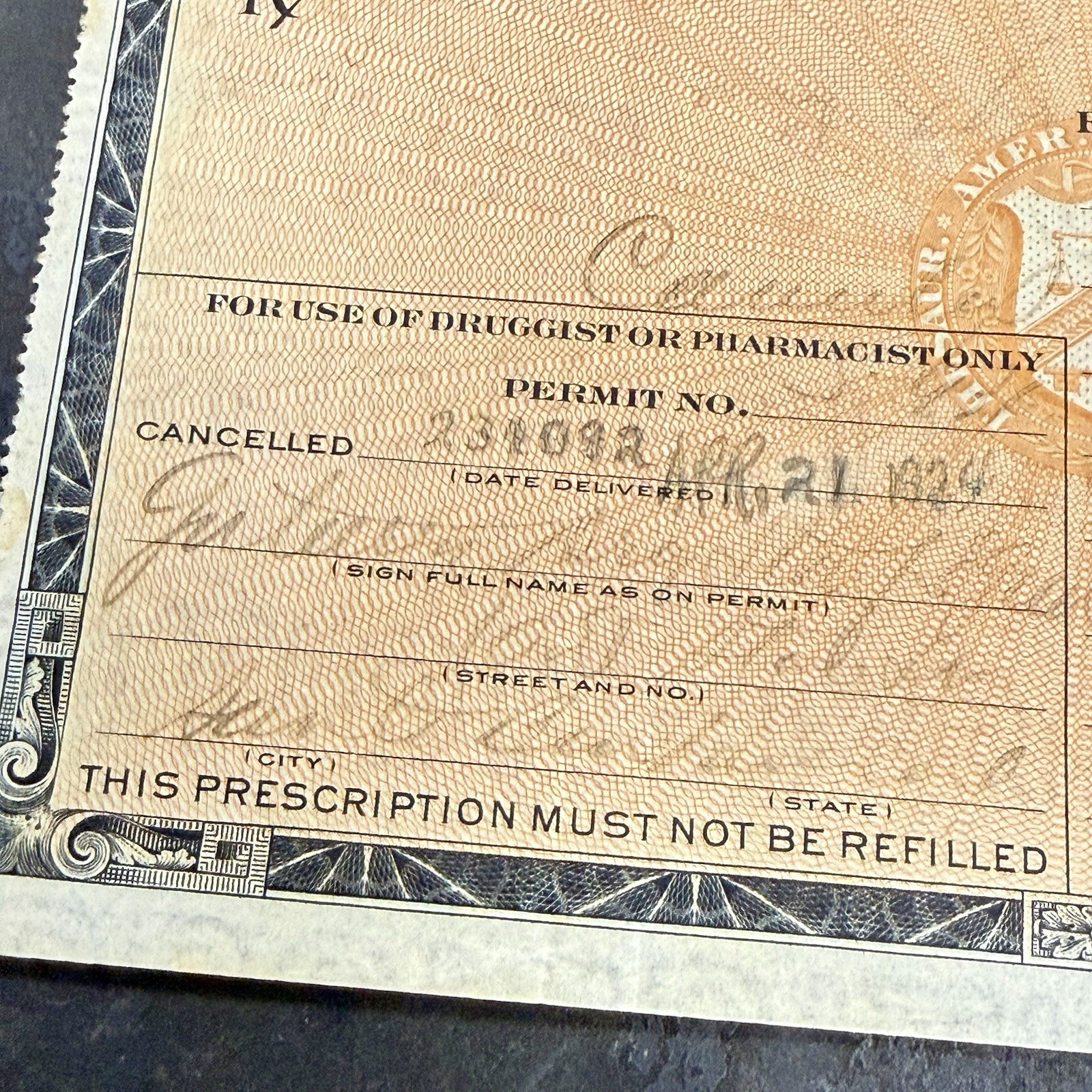 Original Prohibition Whiskey Prescription Slip Dated 1924 California