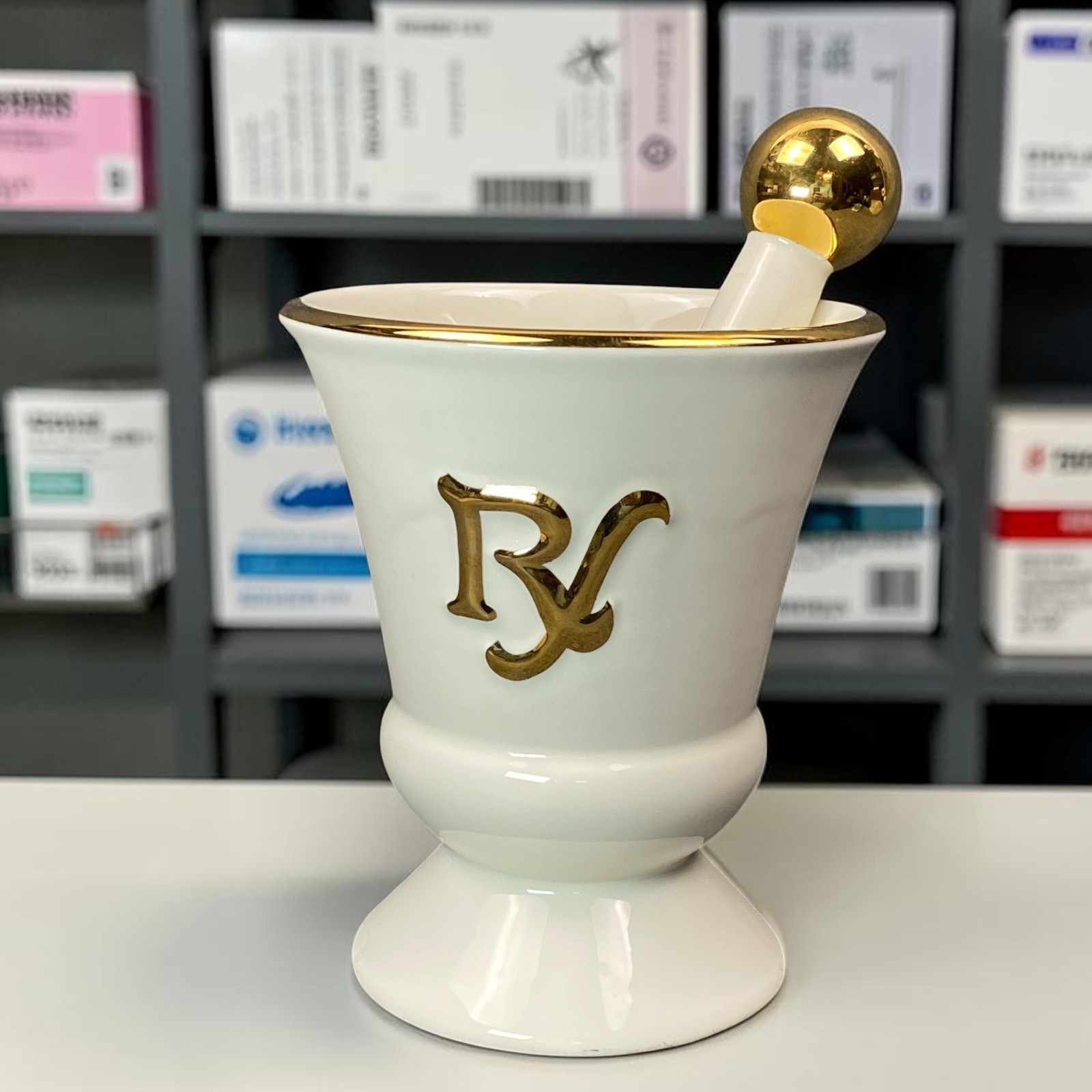 Owens Illinois RX Porcelain Pharmacy Mortar Pestle White Gold Apothecary Vtg