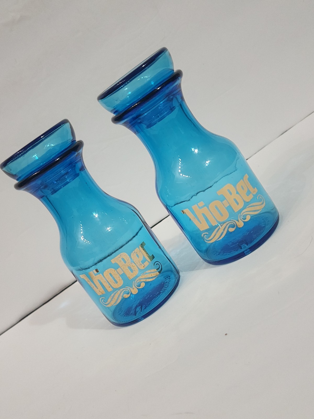 Vtg Set 2 Blue Glass Apothecary Jar Bottle Bubble Lid Belgium Gold Vio-Bec *Q